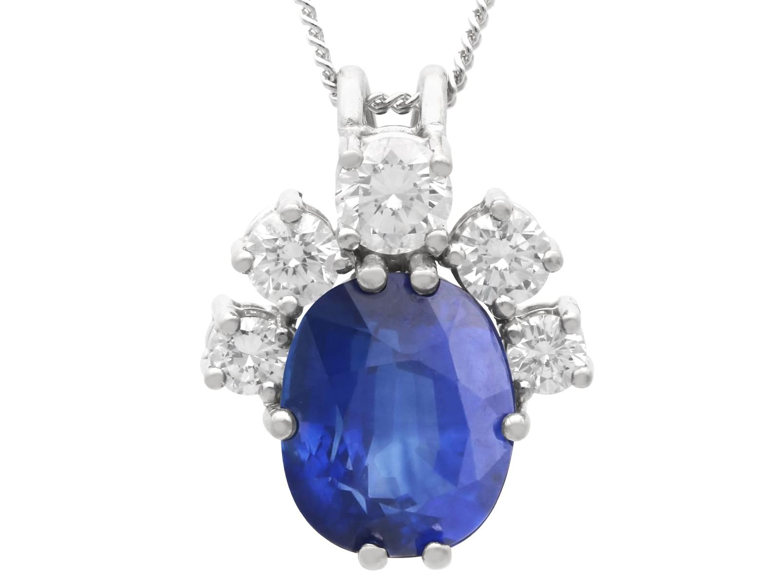 Vintage 2.18ct Sapphire & 0.39ct Diamond 18k White Gold Cluster Pendant c.1980 (1 of 10)