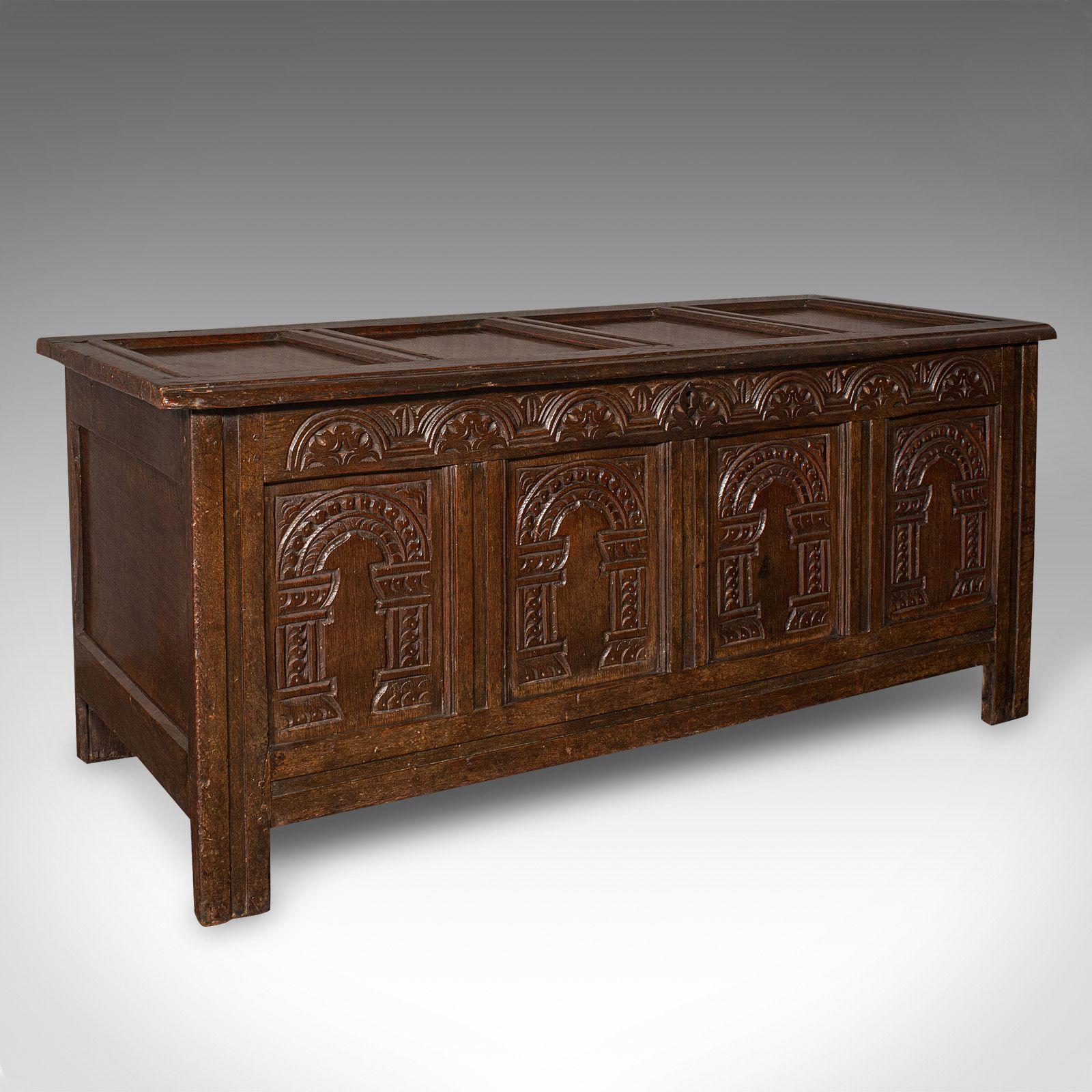Large Antique Coffer, English, Oak, Carved Trunk, Window Seat - William III 1700 (1 of 9)