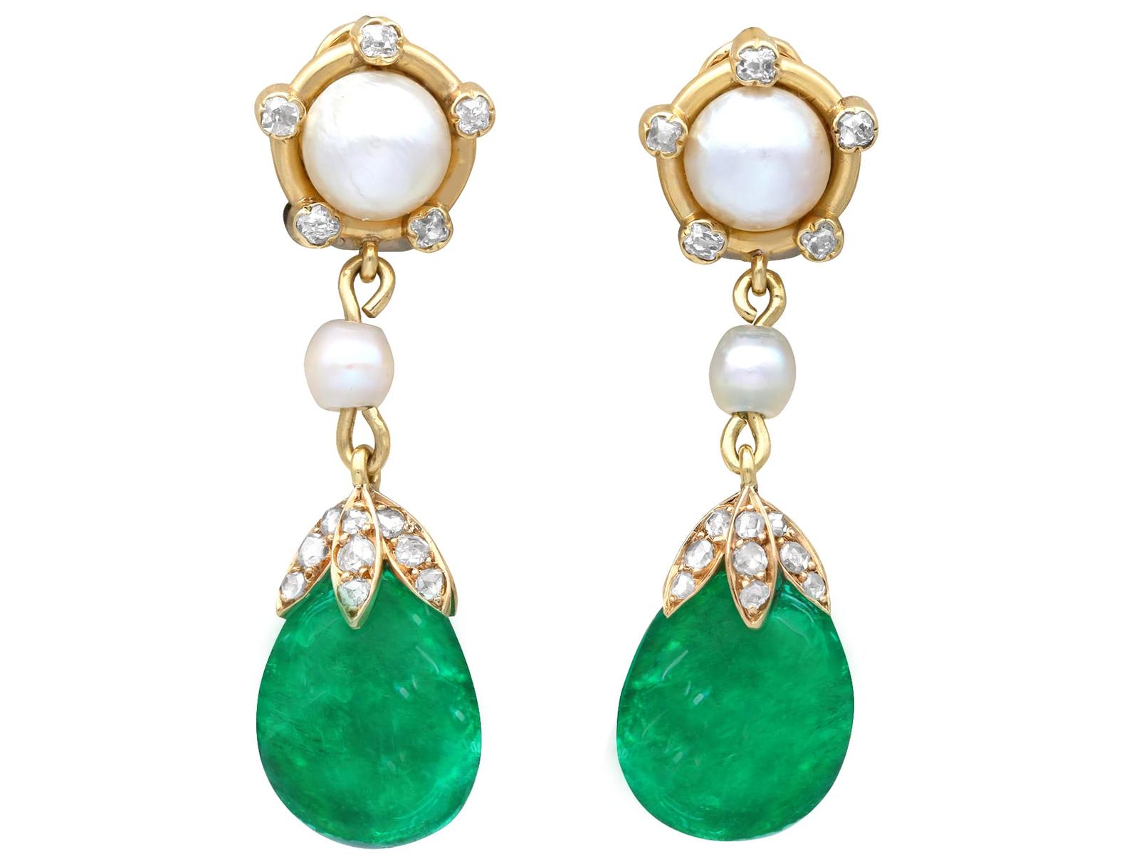 Antique 13.82ct Colombian Emerald, Saltwater Pearl & 0.60ct Diamond 18ct Yellow Gold Drop Earrings c.1870 (1 of 16)