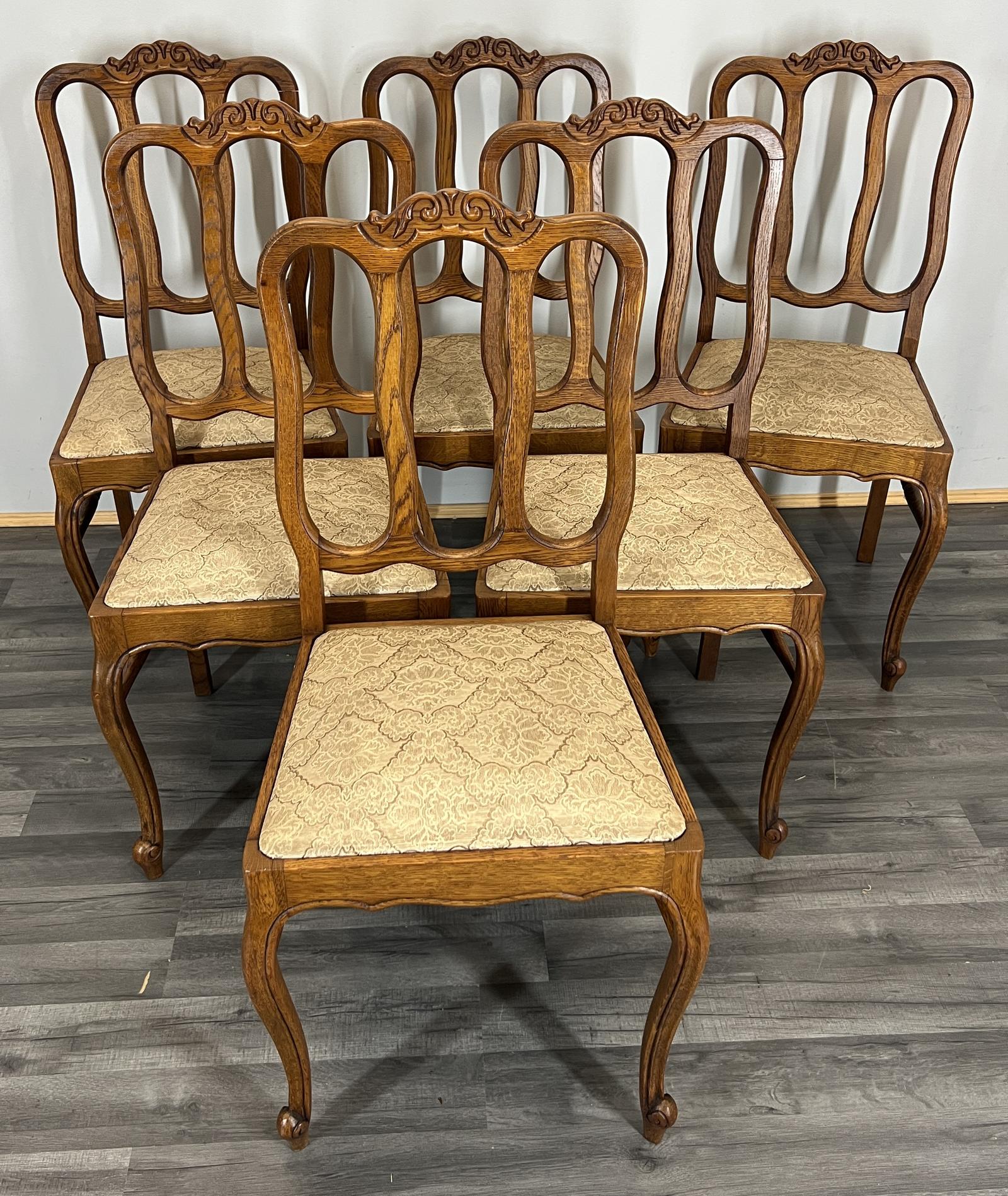 Chairs Vintage French Style Oak Upholstered Set of 6 Carved (1 of 14)