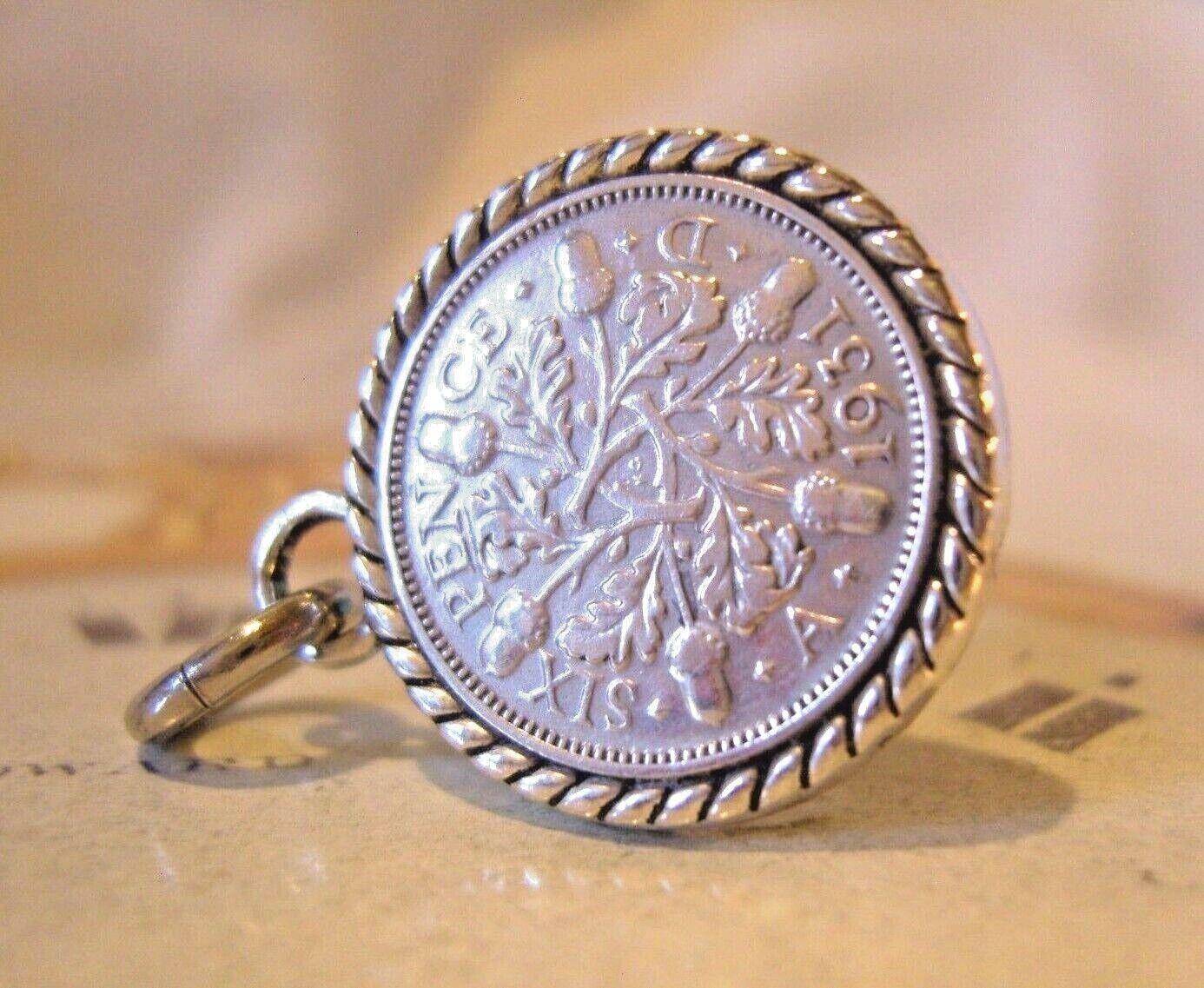 Vintage 1931 Silver Sixpence Pocket Watch Chain Fob Ornate Silver Plated Mount (1 of 9)