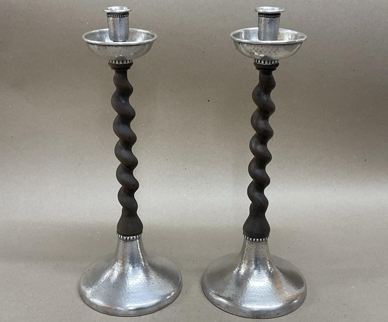 Pair of Arts & Crafts Hammered Pewter + Barley Twist Oak Candlesticks 38.5cm Antique c.1900 (1 of 8) Pair of Arts & Crafts Hammered Pewter + Barley Twist Oak Candlesticks 38.5cm Antique c.1900 (1 of 8)