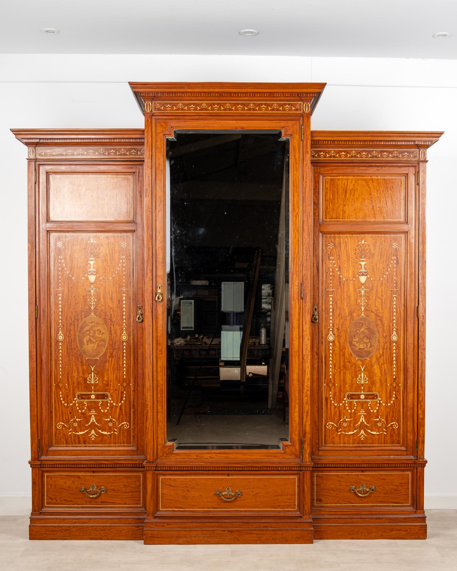 Antique Edwardian Satinwood Painted Triple Wardrobe c.1900 - Large Inlaid Mirrored Armoire (1 of 11) Antique Edwardian Satinwood Painted Triple Wardrobe c.1900 - Large Inlaid Mirrored Armoire (1 of 11)