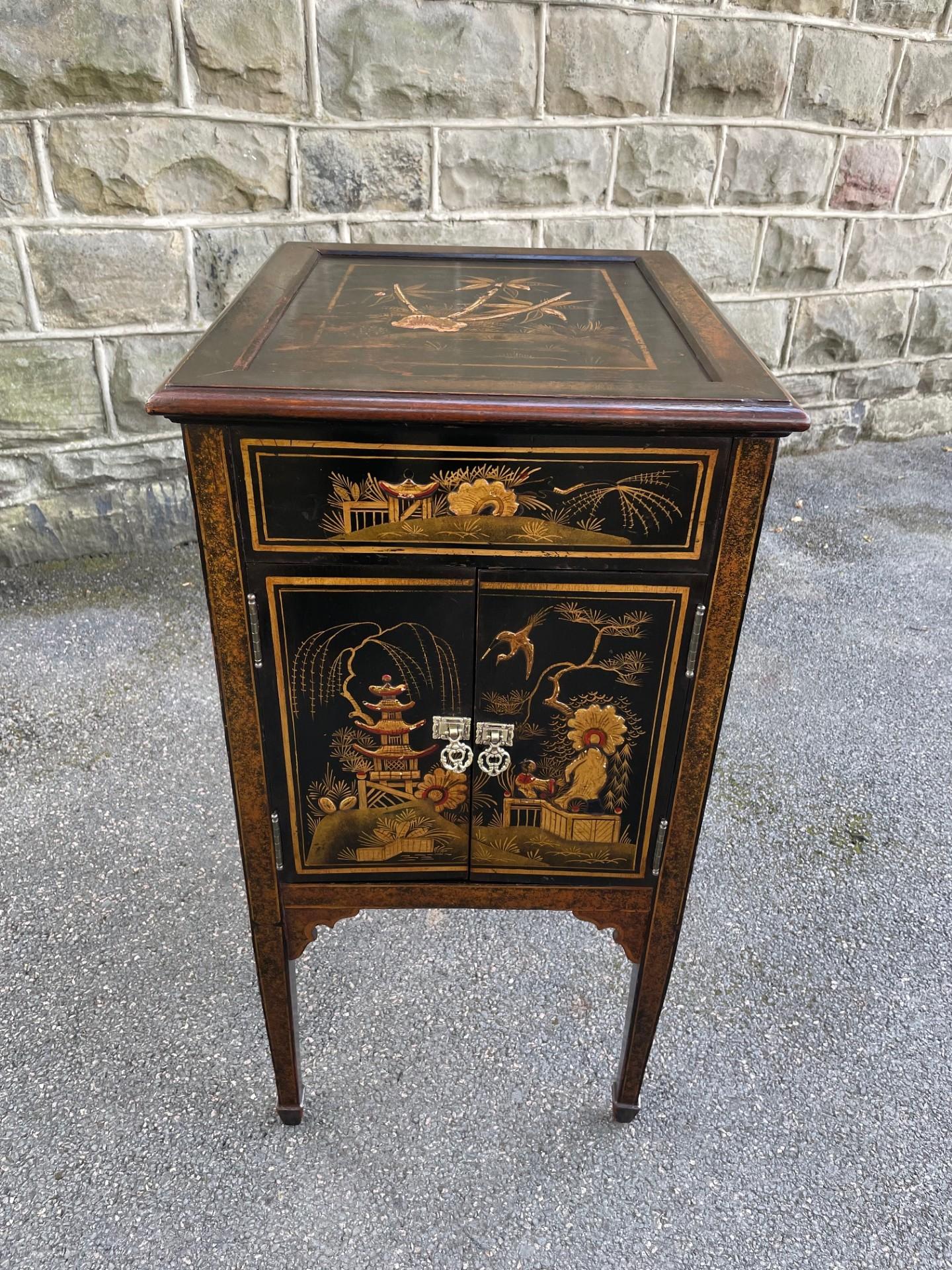 Antique Black Chinoiserie Bedside Cabinet (1 of 9) Antique Black Chinoiserie Bedside Cabinet (1 of 9)