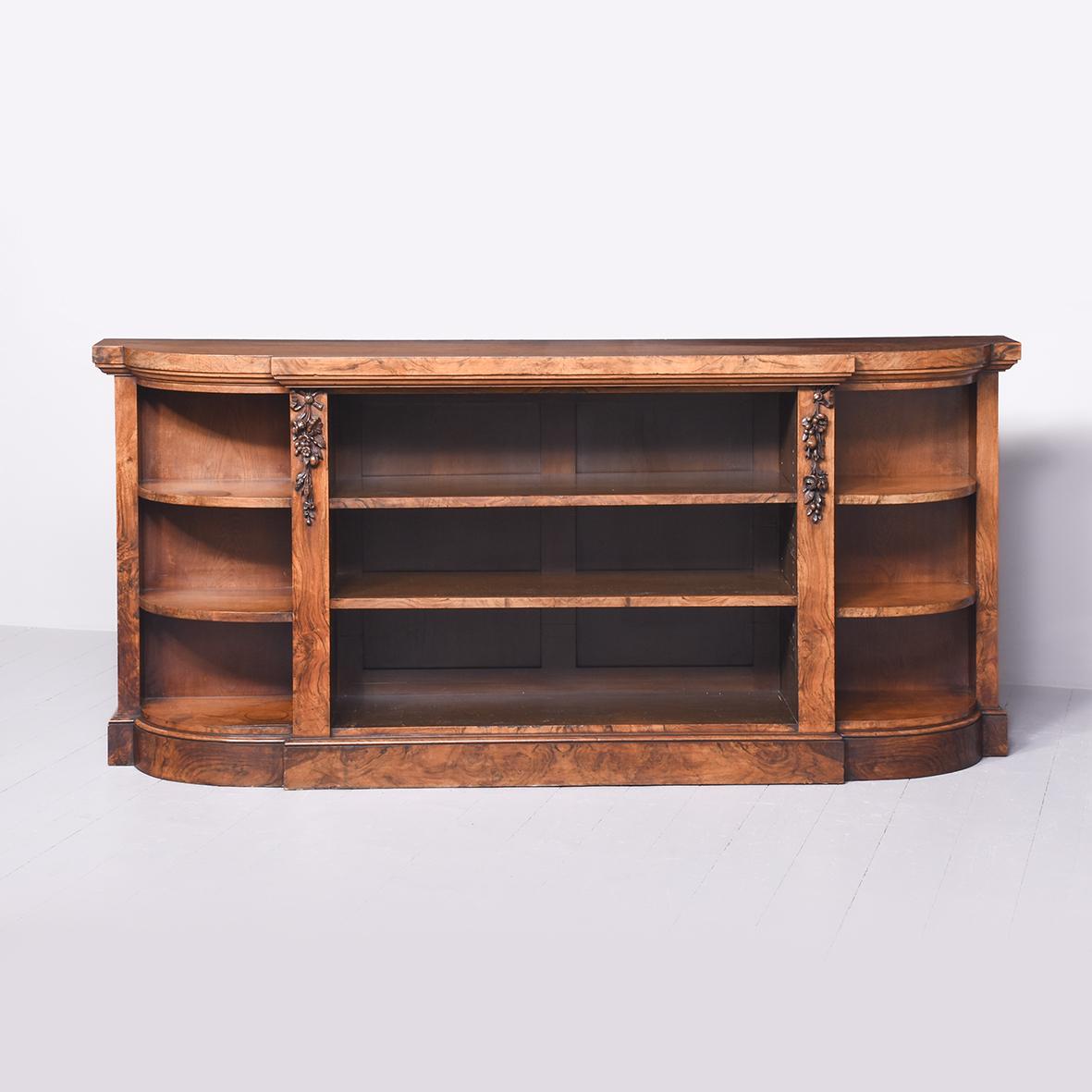 Large Mid-Victorian Figured Walnut Shaped-front Open Bookcase/Display Case (1 of 8) Large Mid-Victorian Figured Walnut Shaped-front Open Bookcase/Display Case (1 of 8)