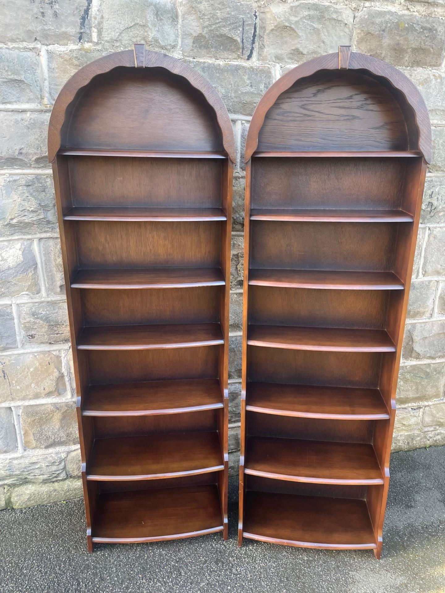 Pair Slim Oak Domed Top Waterfall Open Bookcase (1 of 11) Pair Slim Oak Domed Top Waterfall Open Bookcase (1 of 11)