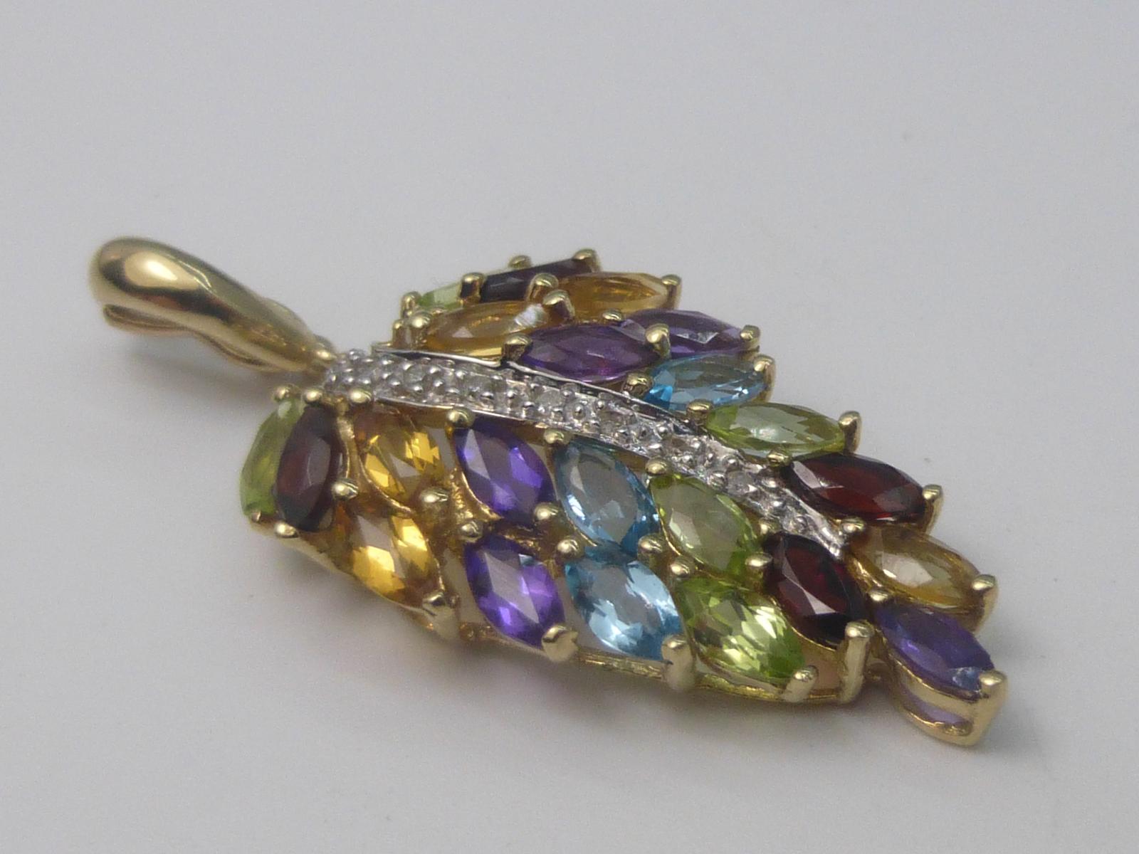 9ct Gold Diamond And Multi Stone Leaf Pendant D4008 / LA435926