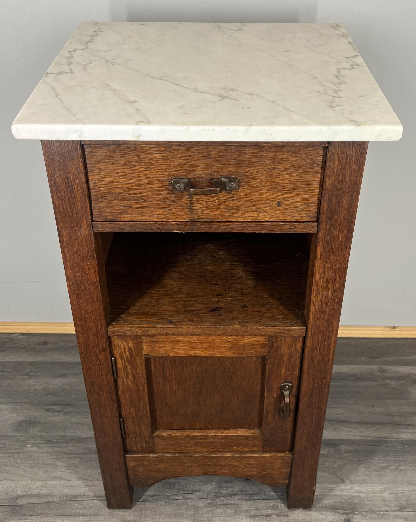 Bedside Table Antique French Style Oak with Marble Top Cabinet (1 of 11)