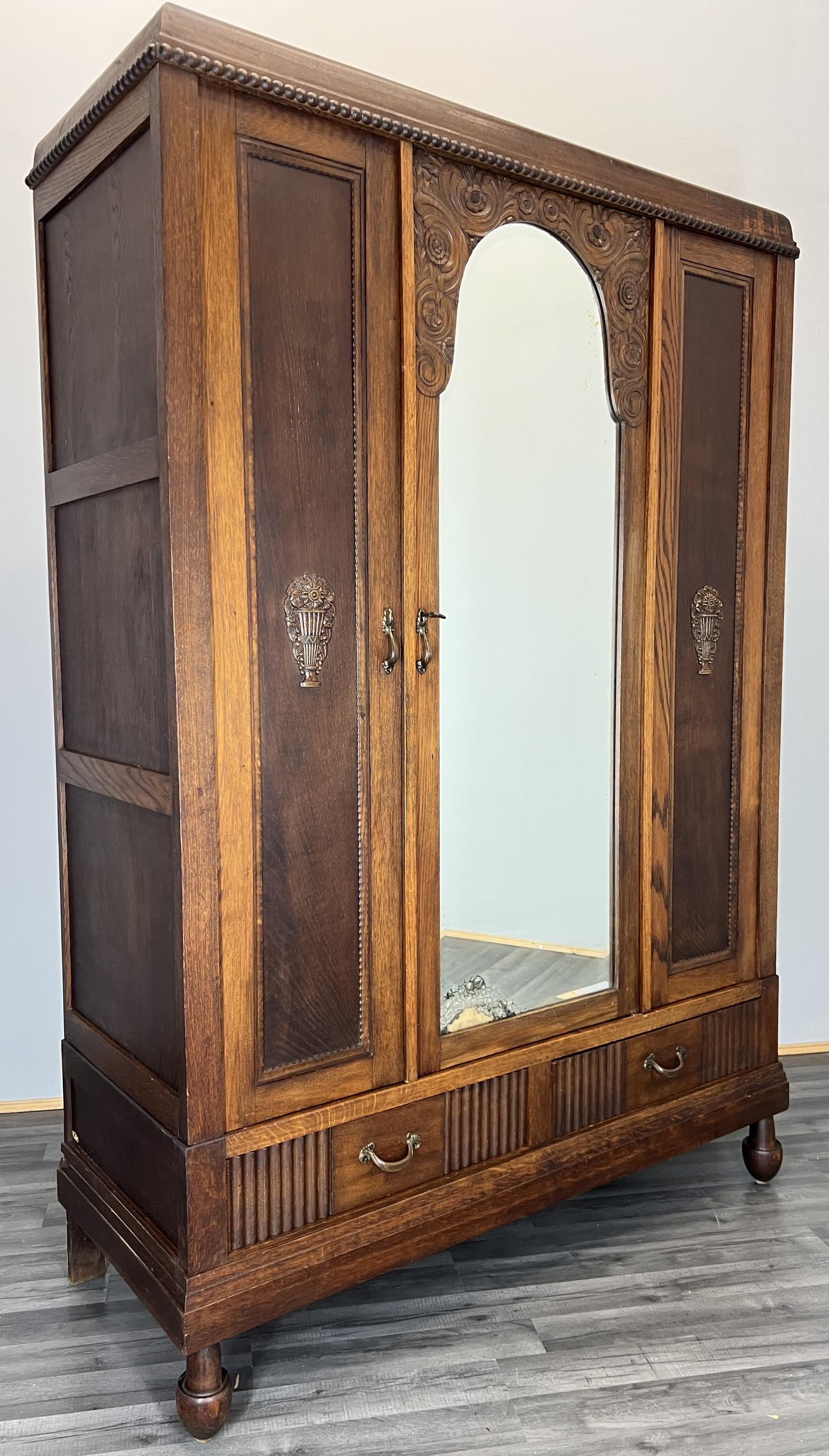 Wardrobe Antique French Oak Carved Armoire Mirror & Drawers (1 of 14)