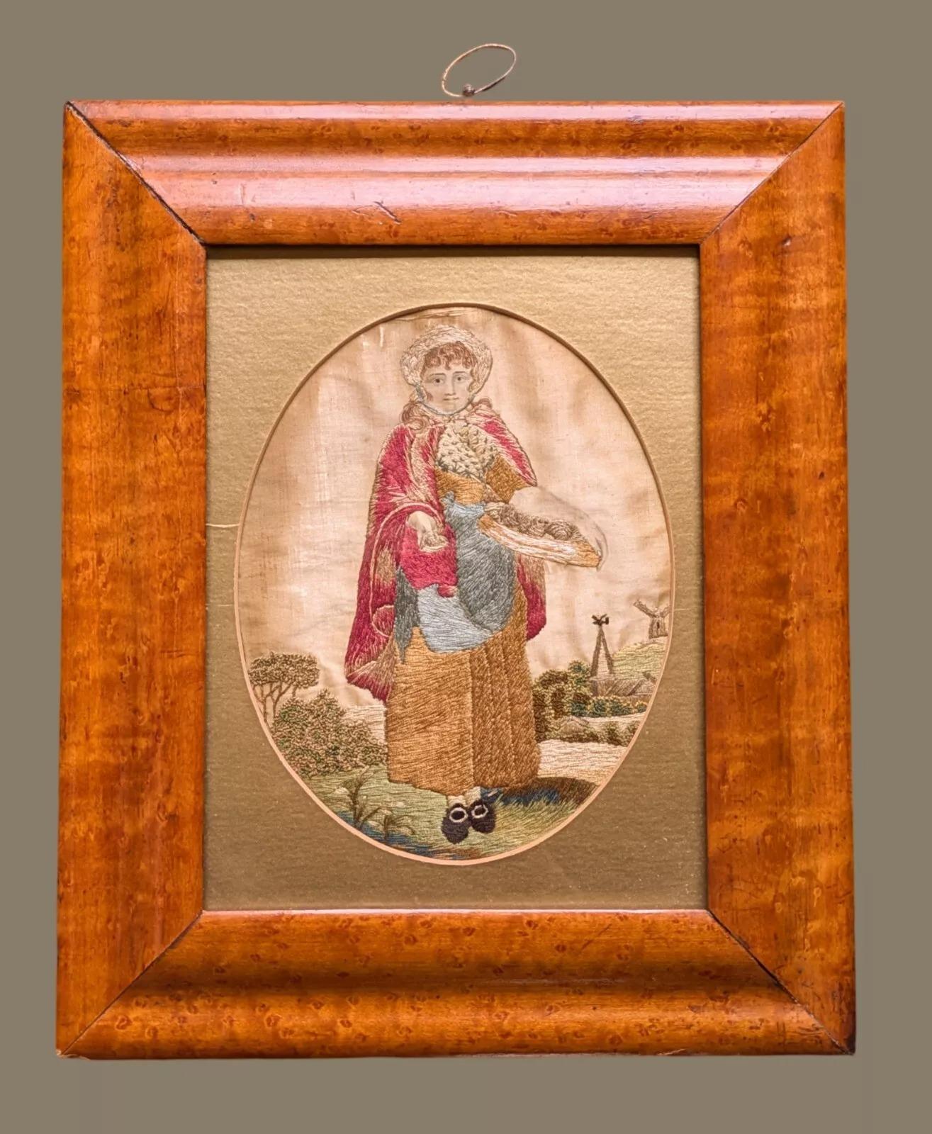 Charming 19th Century Silk Embroidery Oyster Seller (1 of 5) Charming 19th Century Silk Embroidery Oyster Seller (1 of 5)