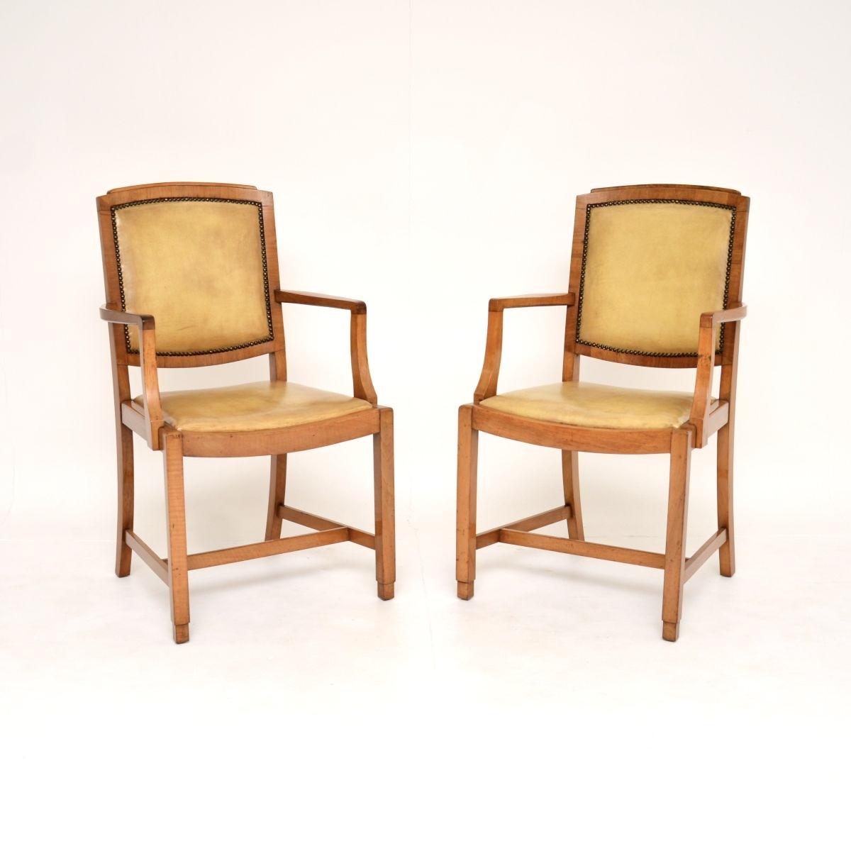 Pair of Art Deco Walnut & Leather Carver Armchairs (1 of 9)