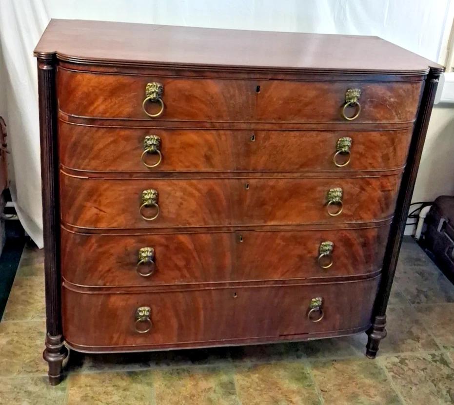 Antique Large Chest of Drawers with Lion & Ring Handles 5 Drawer Bow Fronted (1 of 10)