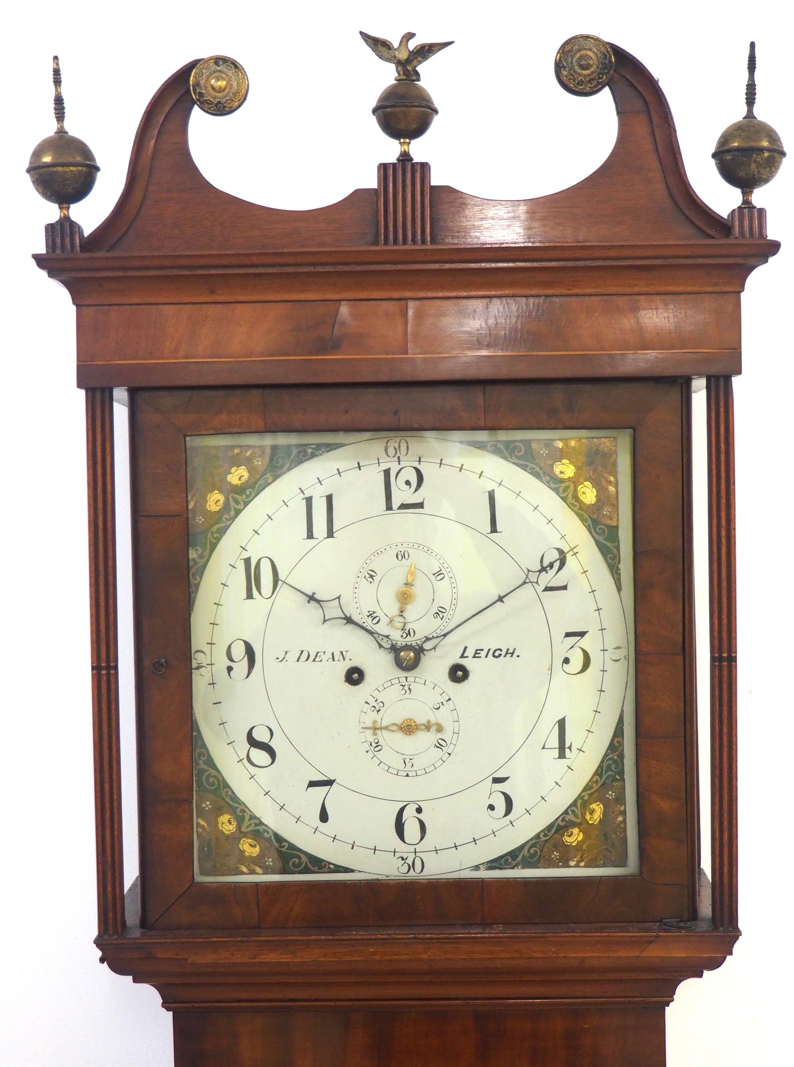 19th Century J Dean of Leigh 8 Day Longcase Clock Flame Mahogany Case Signed Painted Dial Grandfather Clock (1 of 15)