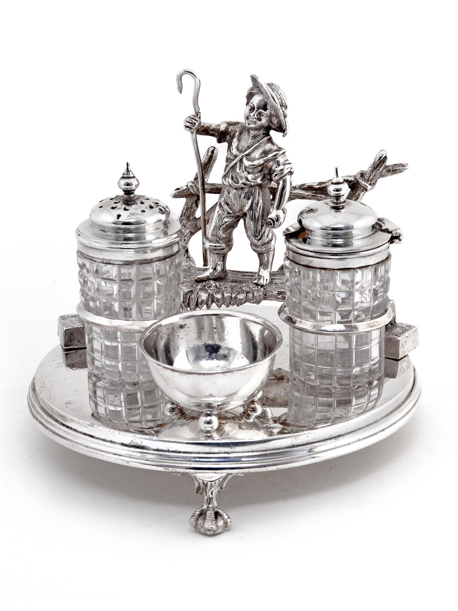 Victorian Shepherd Boy Silver Plate & Cut Glass Cruet Set (1 of 7)