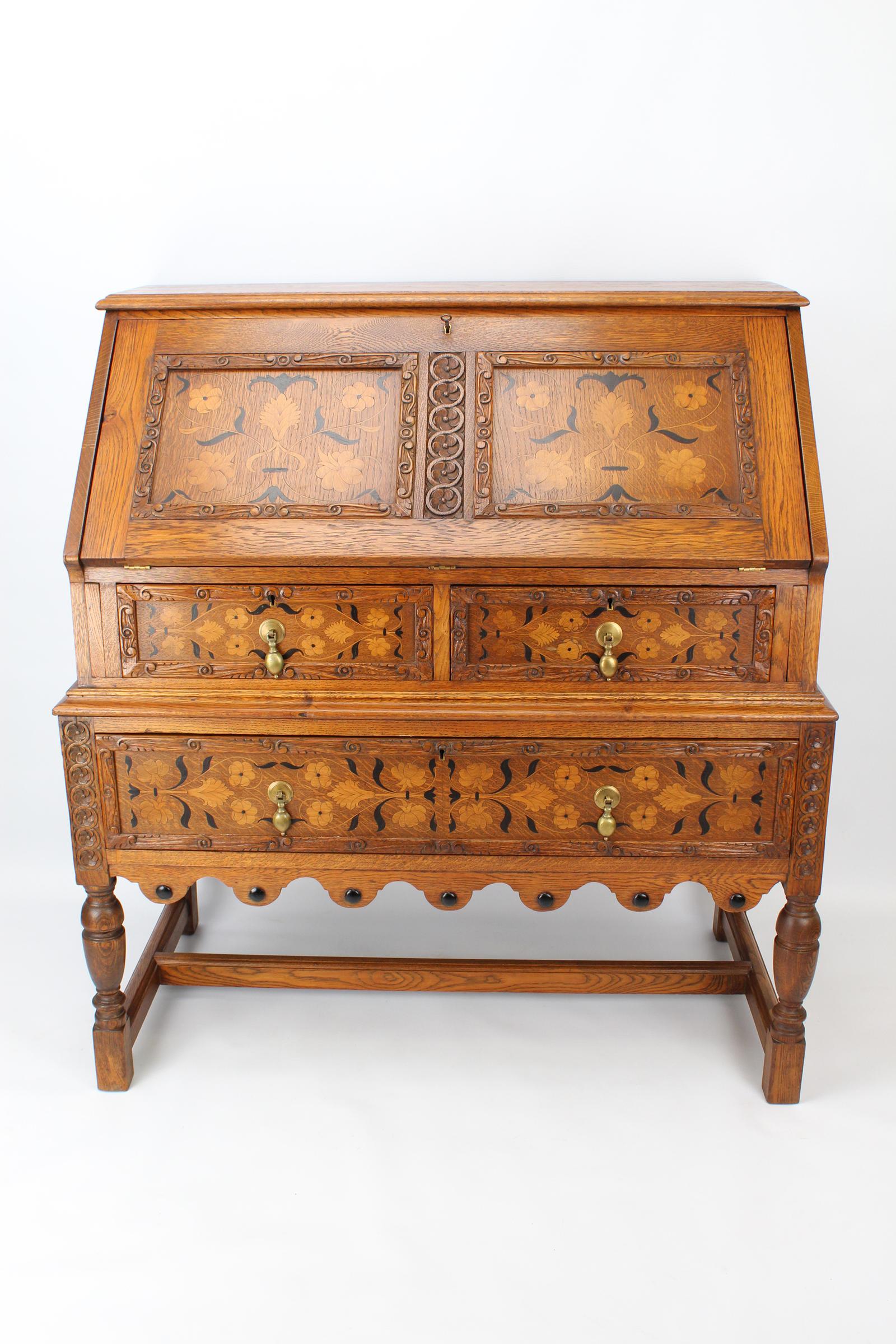 Edwardian Marquetry Inlaid Oak Bureau (1 of 13)