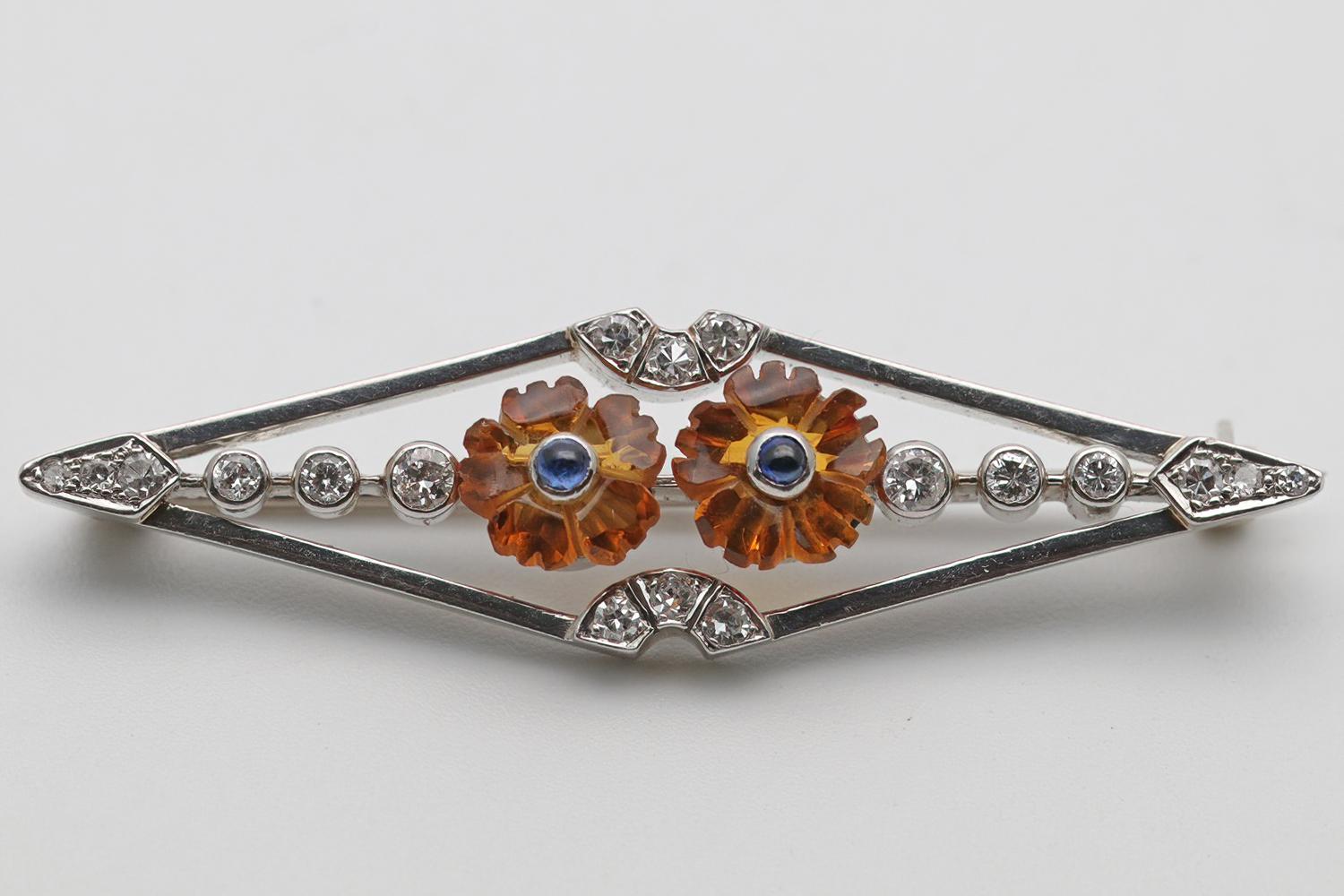 Platinum Brooch with Diamonds, Citrines & Sapphires c.1950 (1 of 2)