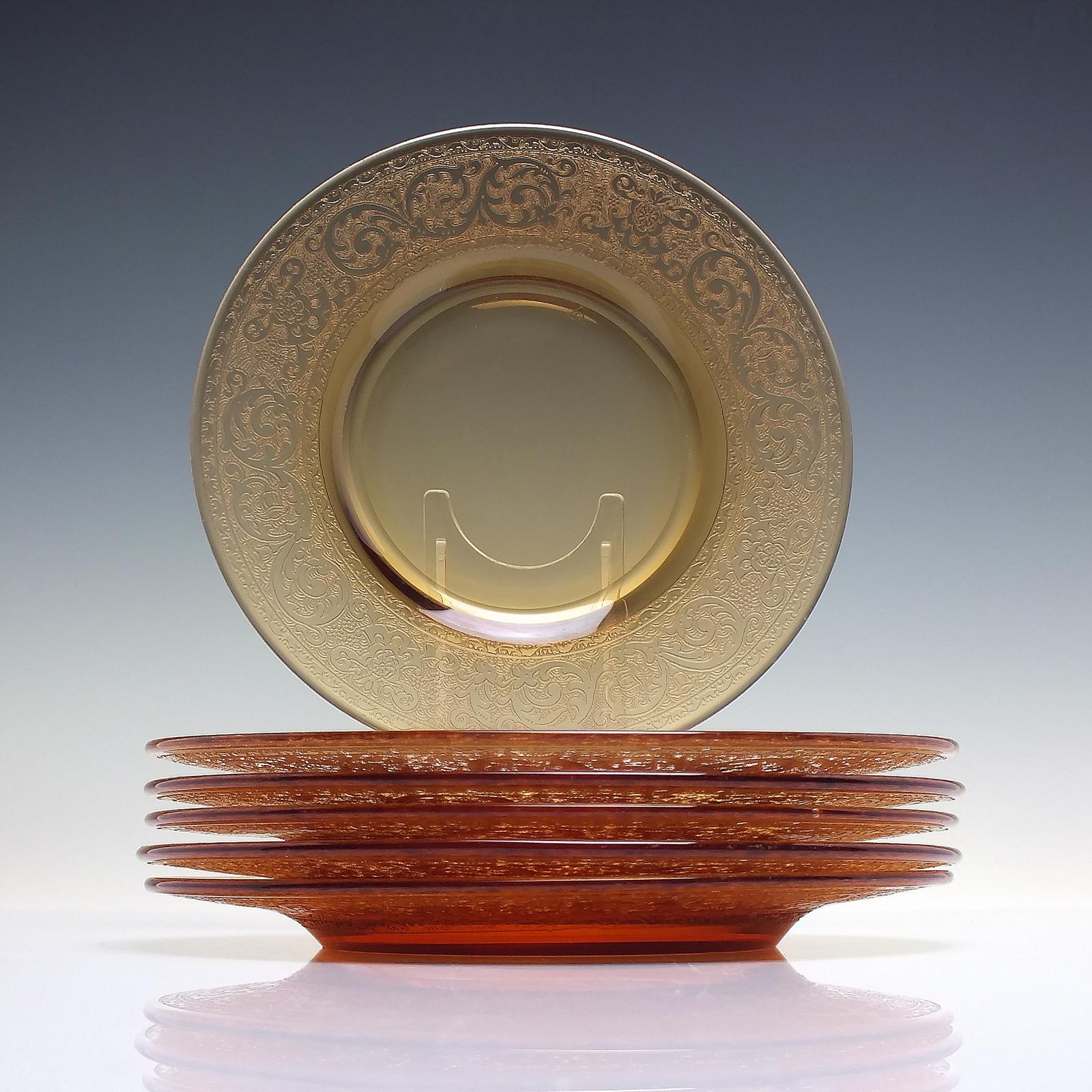 Six Antique Amber Engraved Glass Side Plates C1900-1930 (1 of 5)