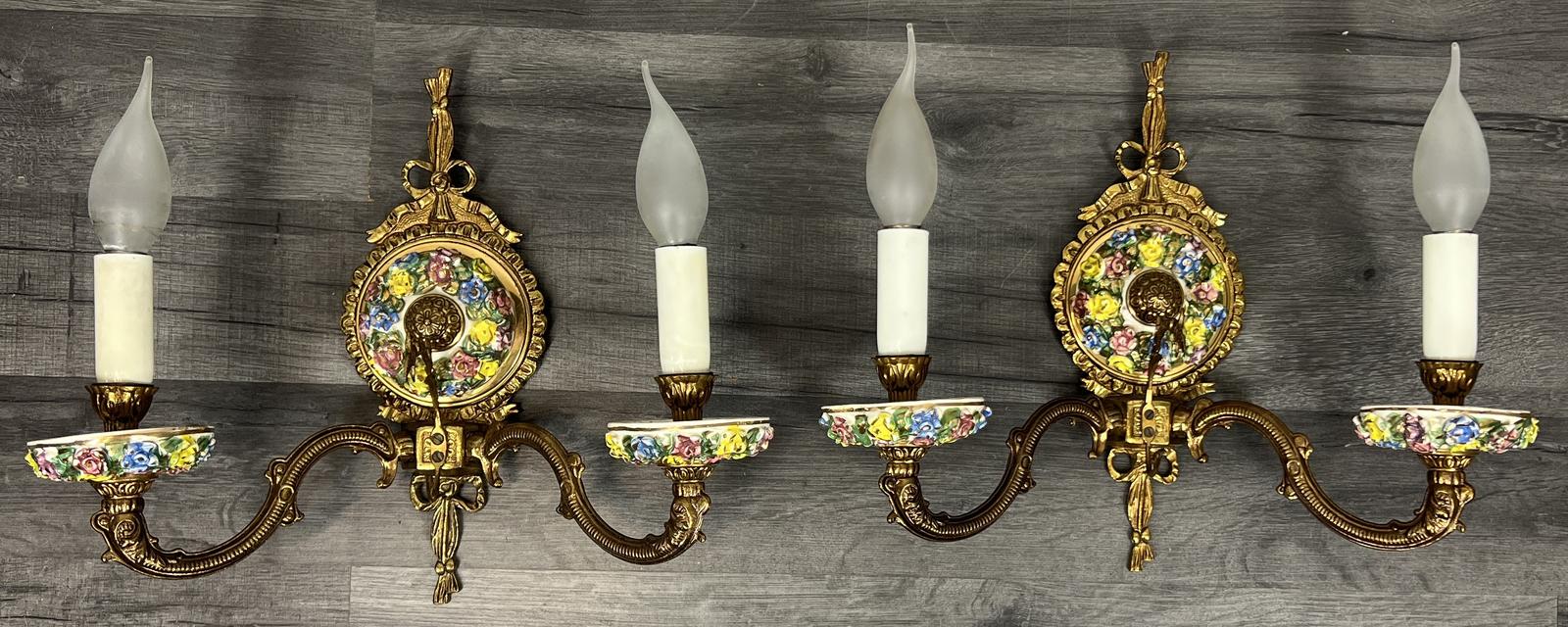 Pair of Wall Lights Vintage Spanish Porcelain Brass Floral Sconces (1 of 13)