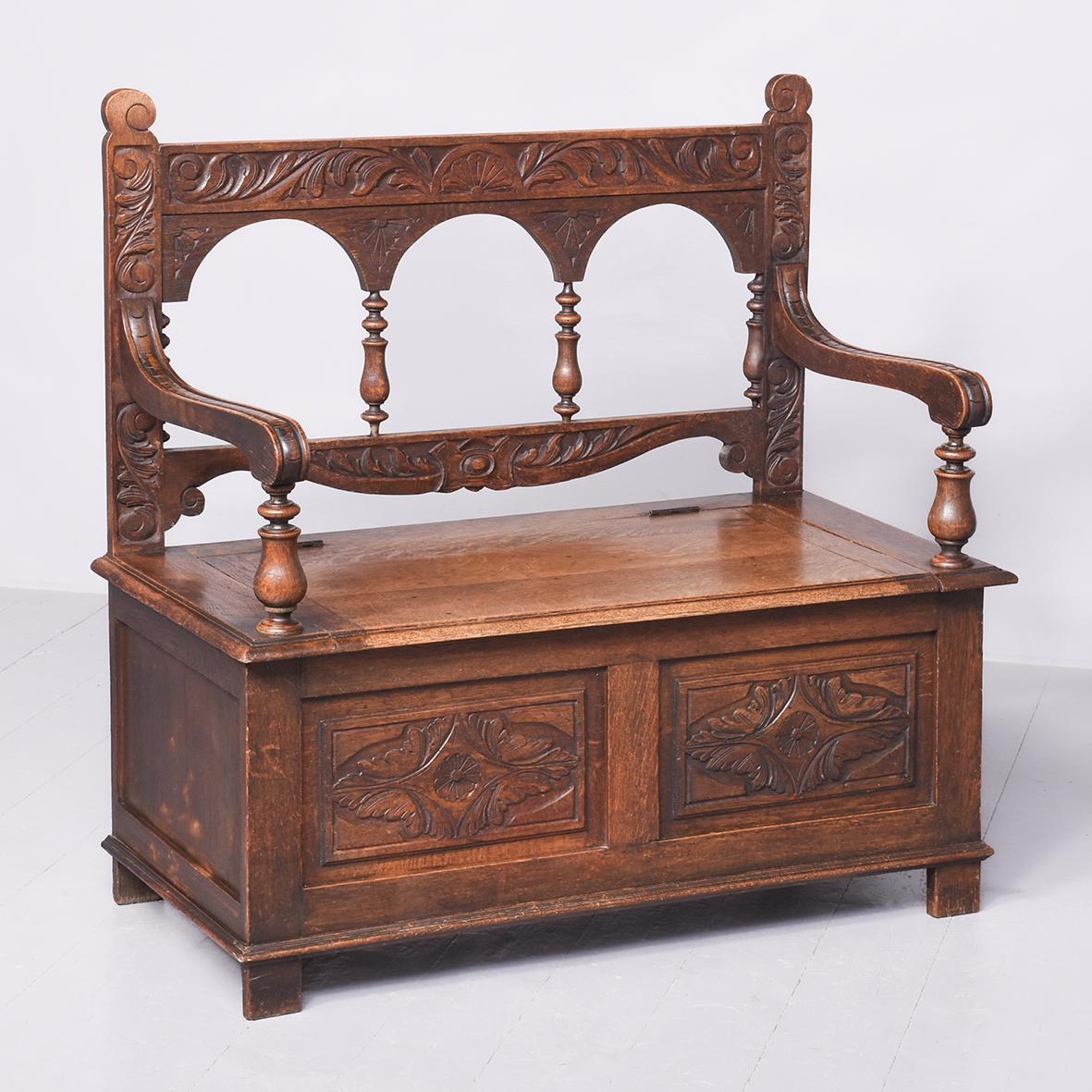Victorian Jacobean Style Carved Oak Box Settle or Hall Bench (1 of 12)