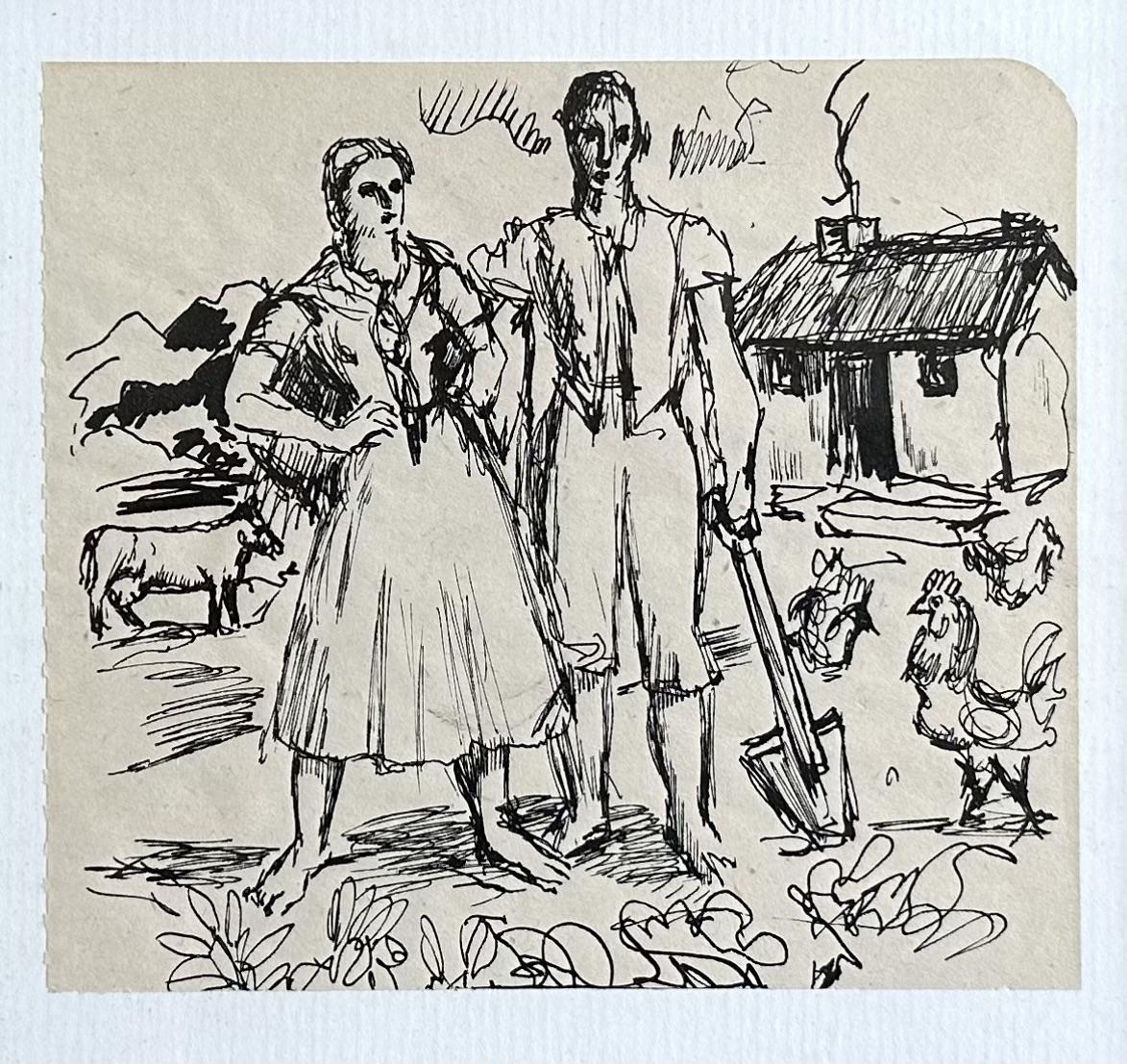 Pen & Ink Study for a Woodblock 'A Rural Farm' English School - Framed in Good Maple Moulding (1 of 2)