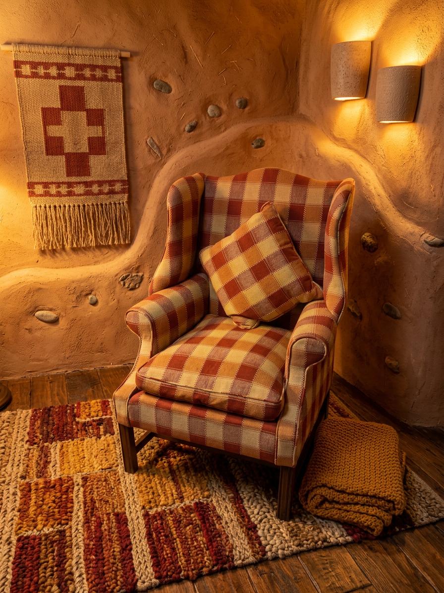 Vintage Wing Back Comfy Armchair With Red And Cream Chequered Upholstery (1 of 10) Vintage Wing Back Comfy Armchair With Red And Cream Chequered Upholstery (1 of 10)