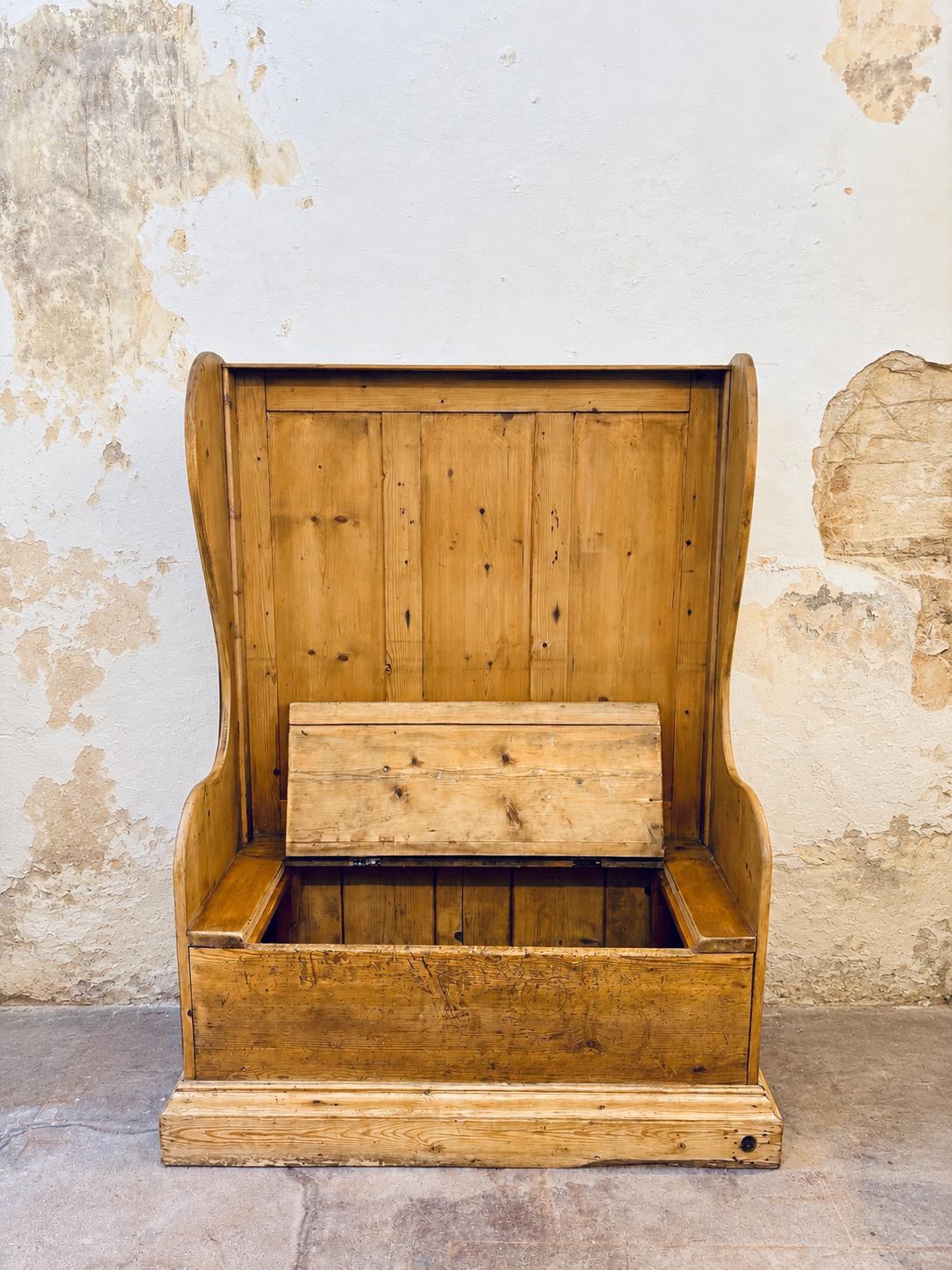 Antique Style Pine High Back Winged Settle with Lift-up Storage Seat (1 of 7) Antique Style Pine High Back Winged Settle with Lift-up Storage Seat (1 of 7)