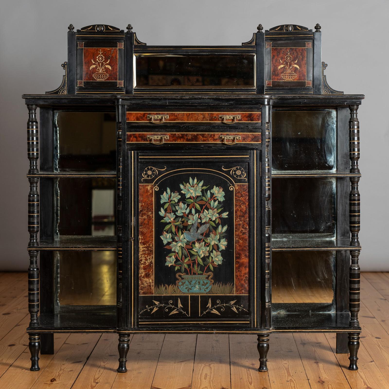 Stunning Victorian Aesthetic Ebonised & Parcel-gilt Side Cabinet with Hand Painted Decoration (1 of 6)