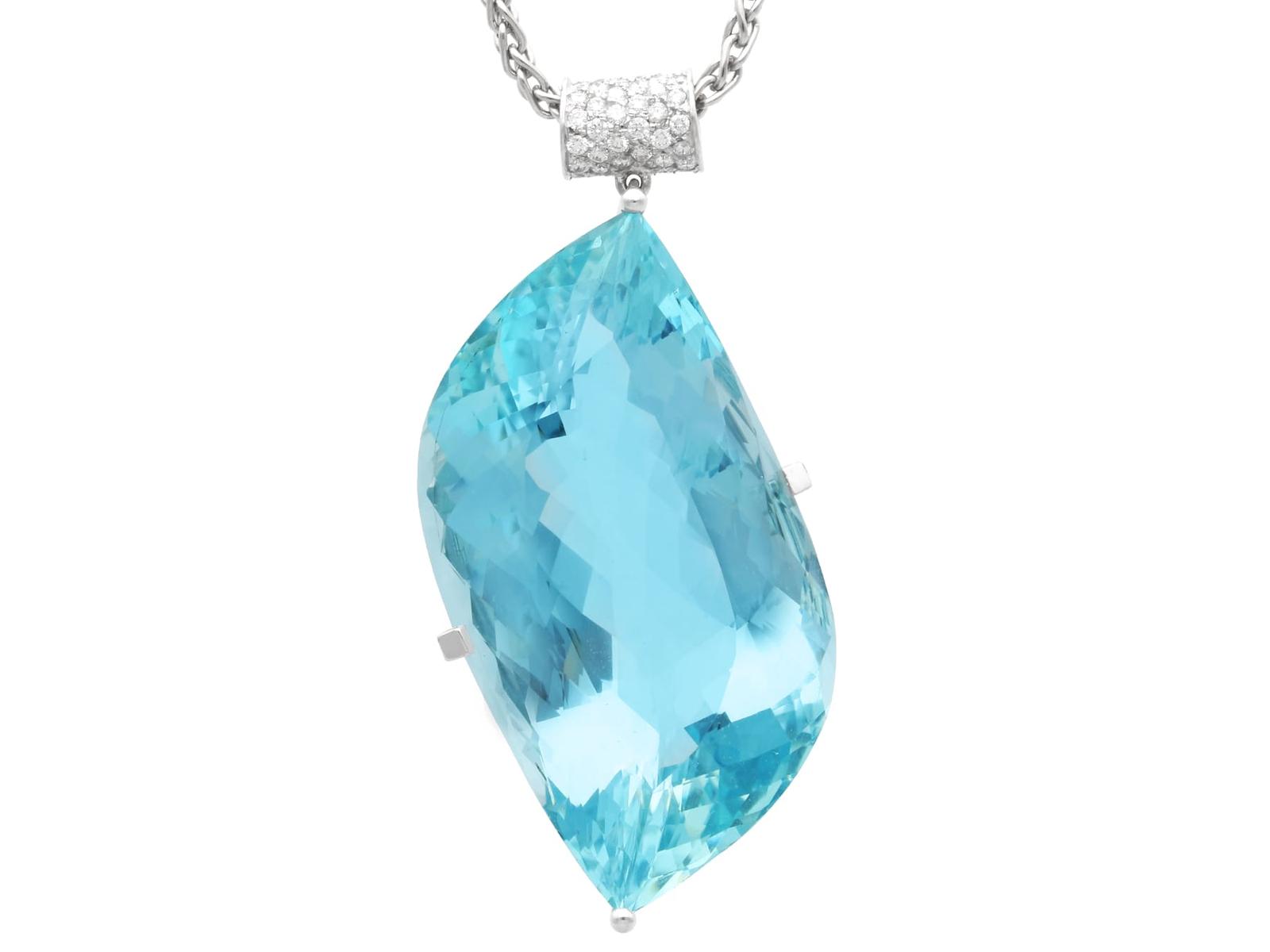 Vintage 71ct Aquamarine, 0.38ct Diamond & 18ct White Gold Pendant c.1970 (1 of 12)