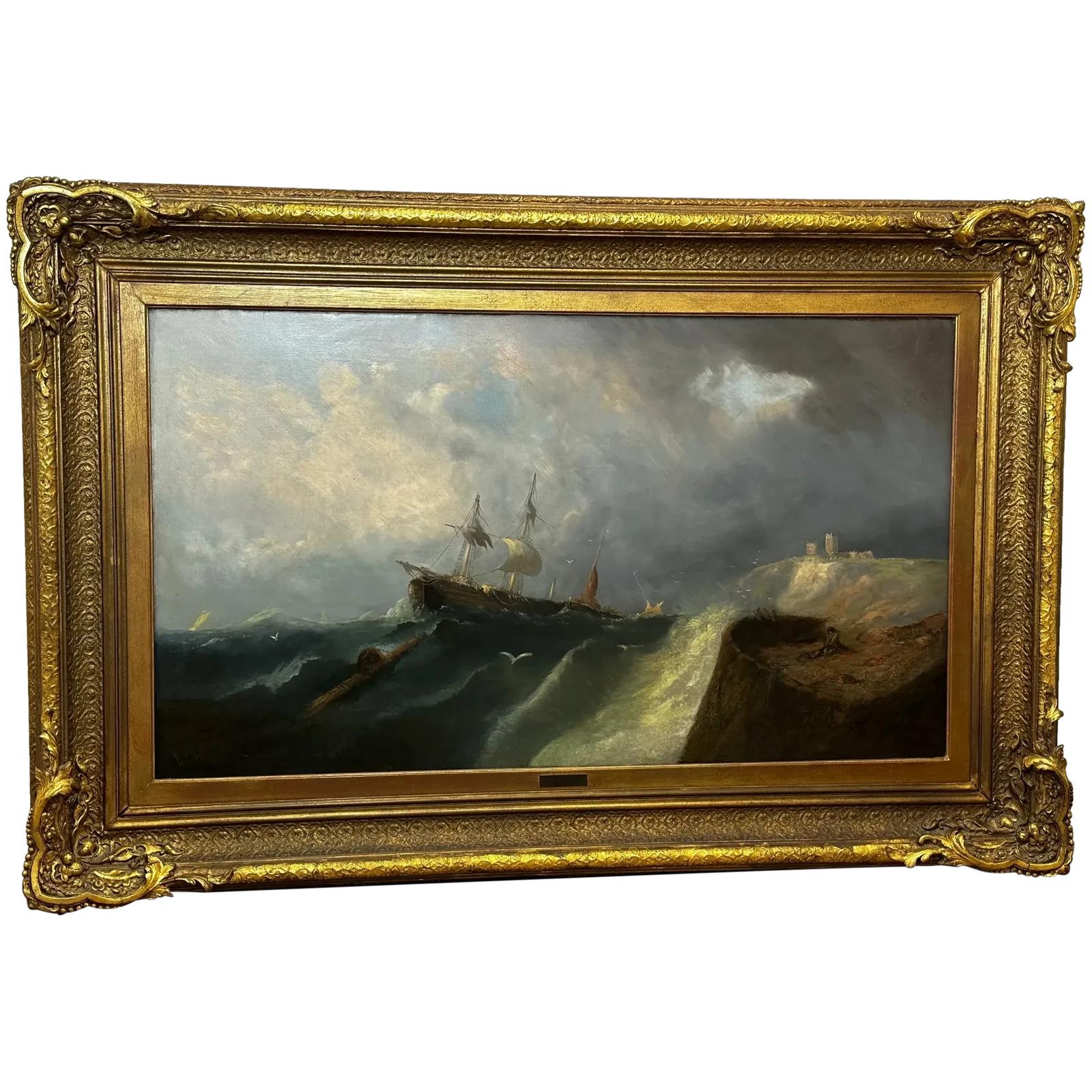 Huge 19th Century Seascape Oil Painting Floundering Ships Awaiting Rescue by William Henry Williamson (1 of 68)