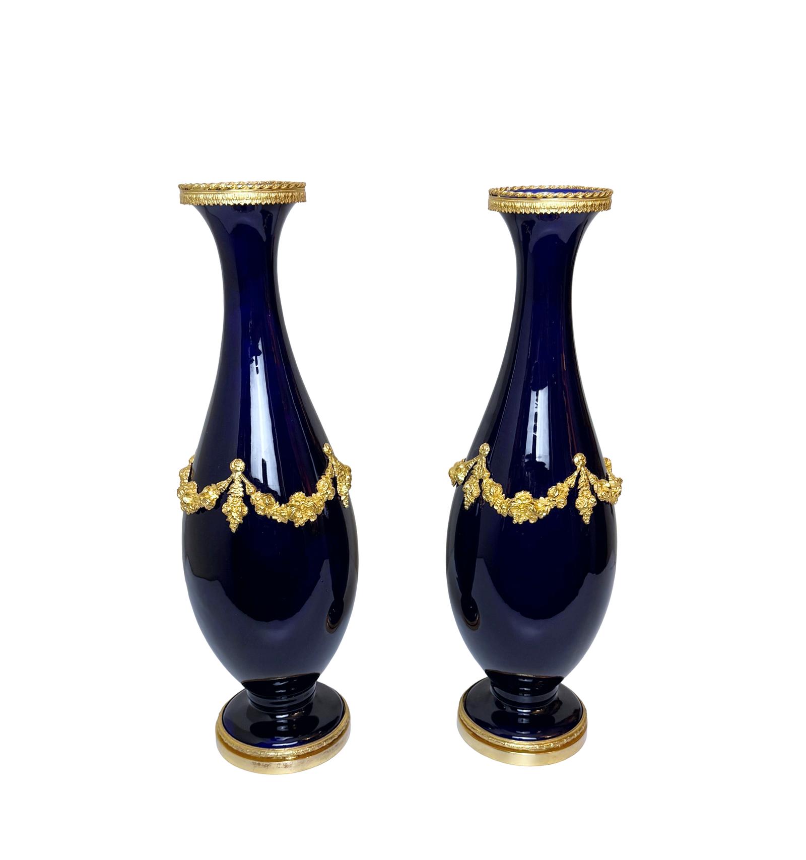 Pair of 19th C. Blue Porcelain Vases w/ Gilt Bronze Trim (1 of 6) Pair of 19th C. Blue Porcelain Vases w/ Gilt Bronze Trim (1 of 6)