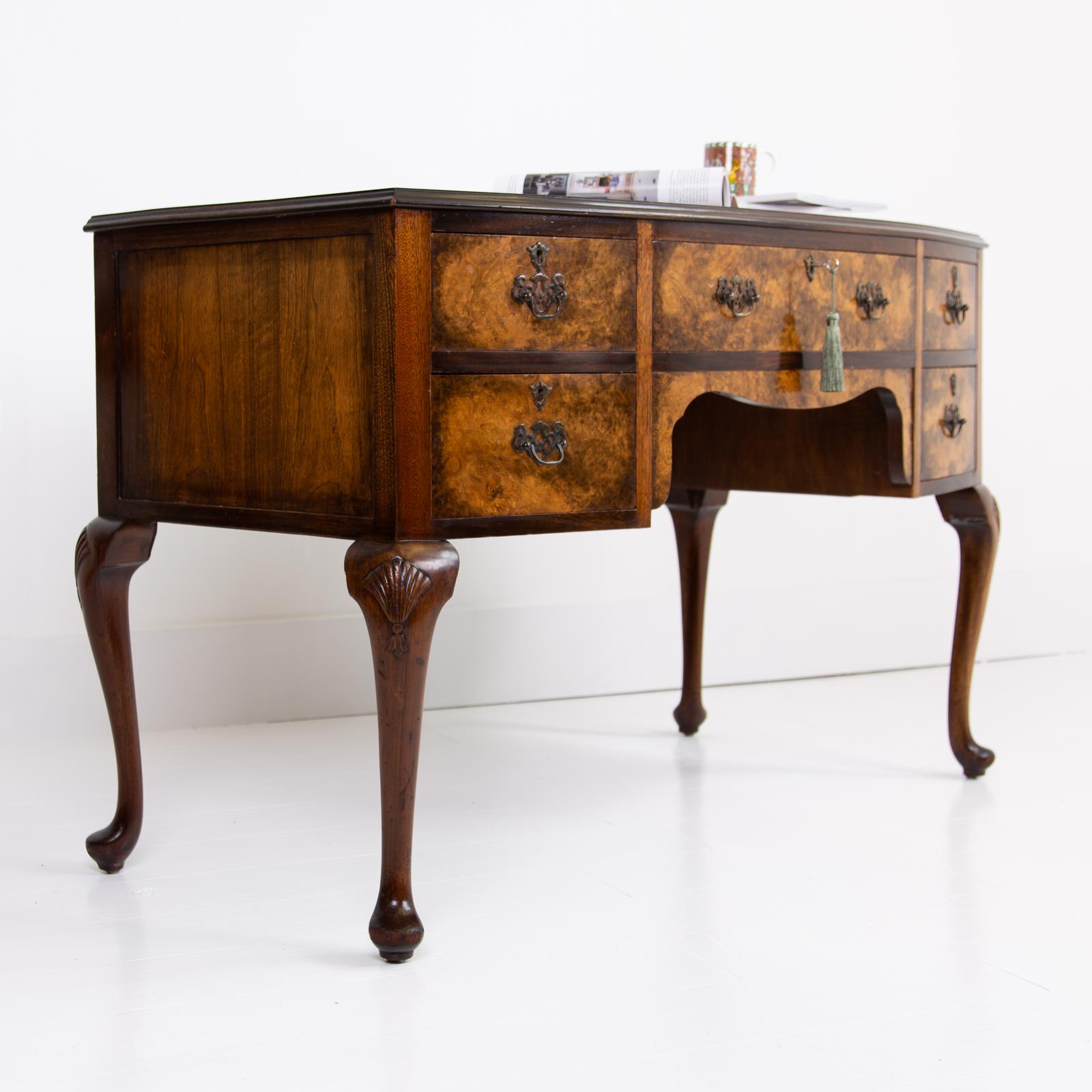 1930s Period Bow Front Burr Walnut 5 Drawer Desk (1 of 16) 1930s Period Bow Front Burr Walnut 5 Drawer Desk (1 of 16)