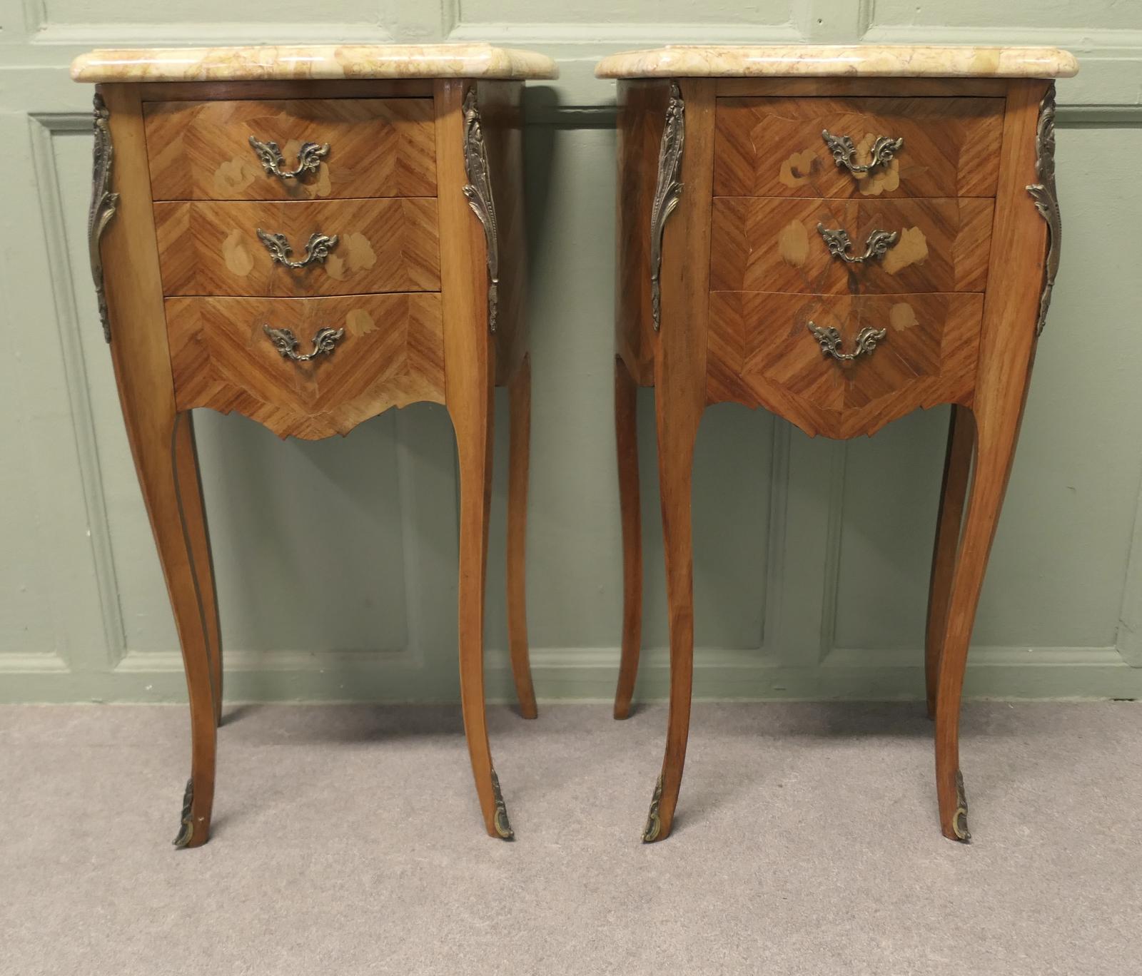 A Pair of Inlaid French Marquetry and Marble Bombe Shaped Bedside Chevets (1 of 6) A Pair of Inlaid French Marquetry and Marble Bombe Shaped Bedside Chevets (1 of 6)