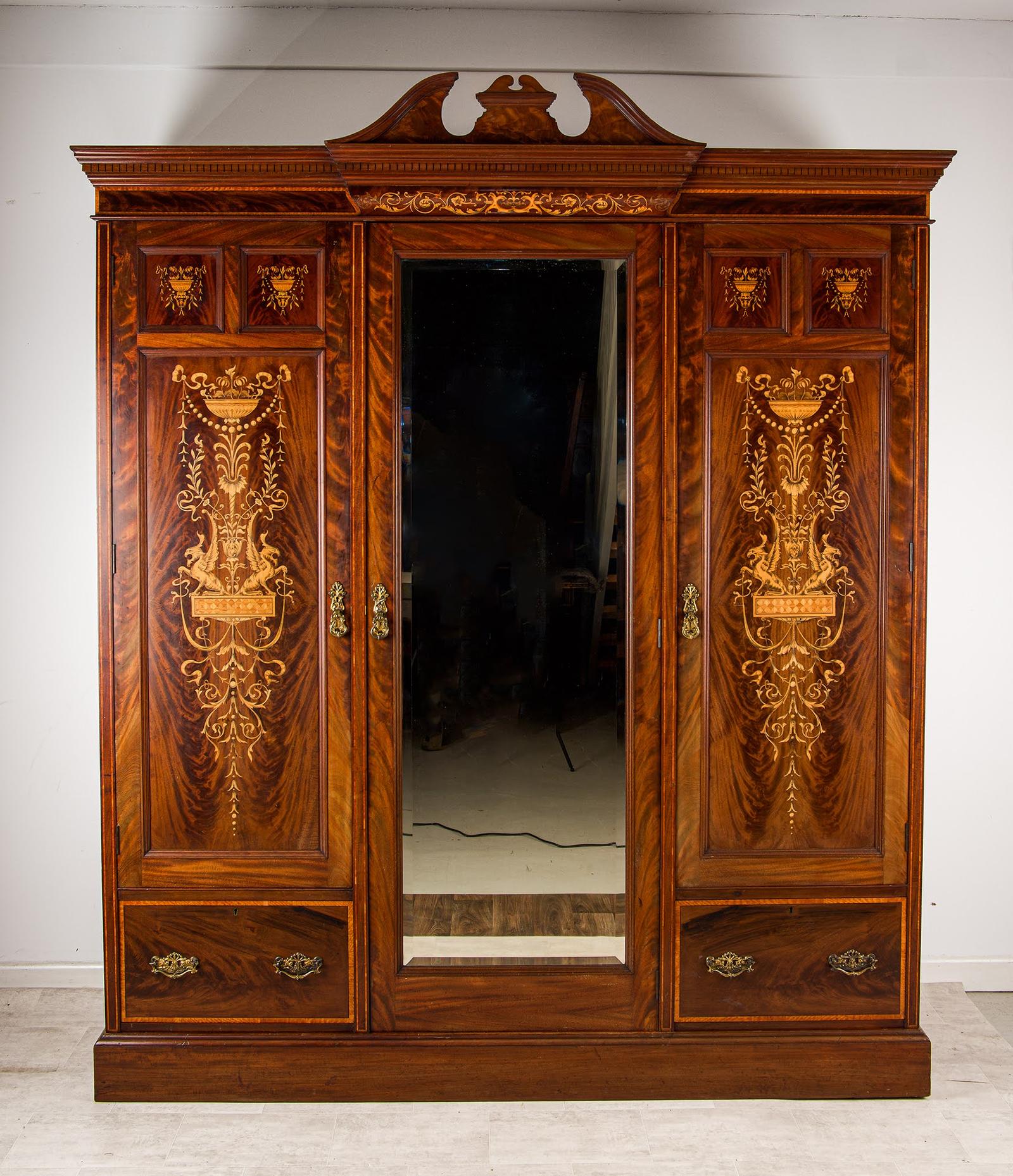 Magnificent Antique Mahogany Marquetry Inlaid Wardrobe - Late 19th Century (1 of 4) Magnificent Antique Mahogany Marquetry Inlaid Wardrobe - Late 19th Century (1 of 4)