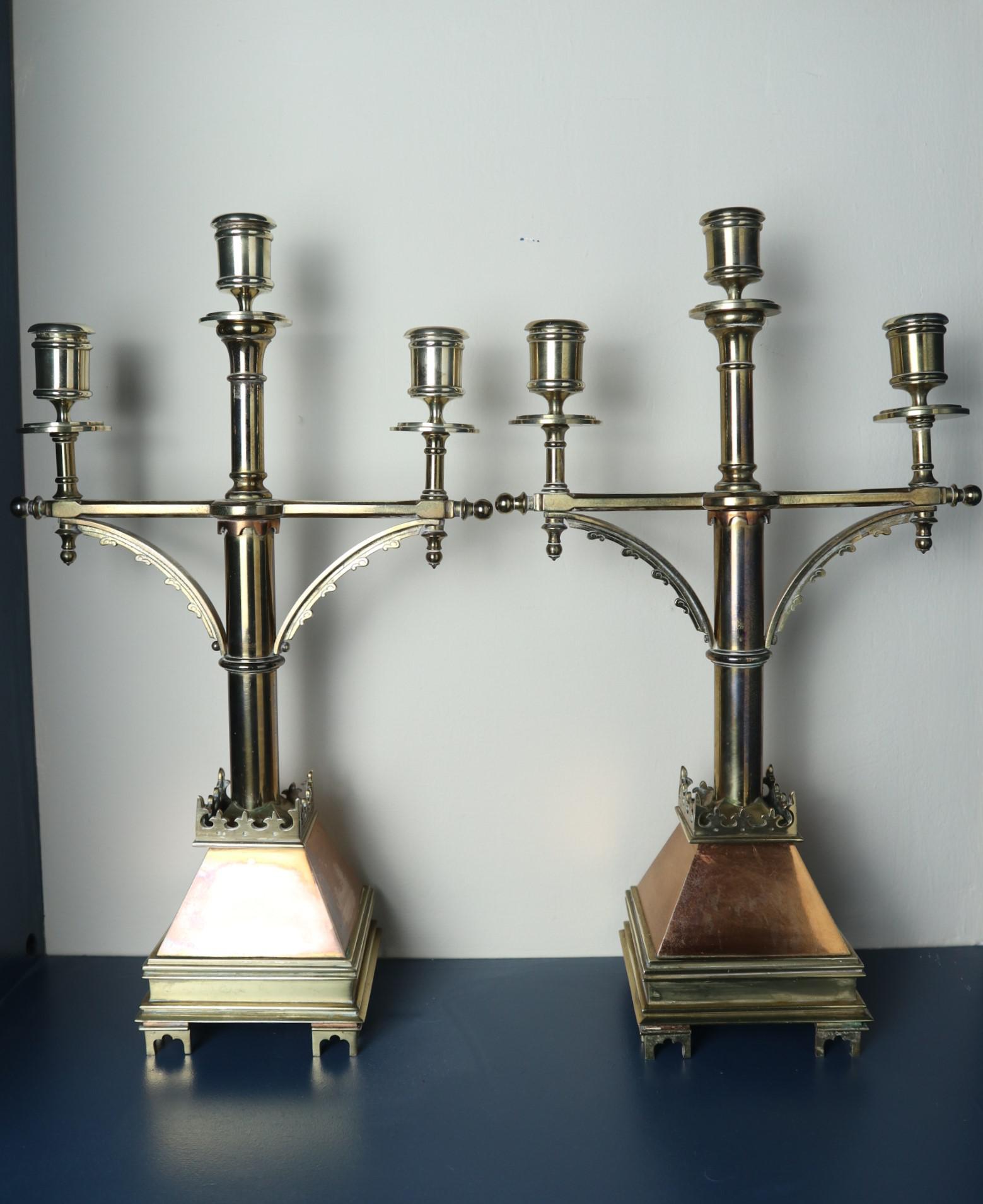 19th Century 'Gothic Revival' church altar brass triple branched candelabra c.1885 (1 of 30)