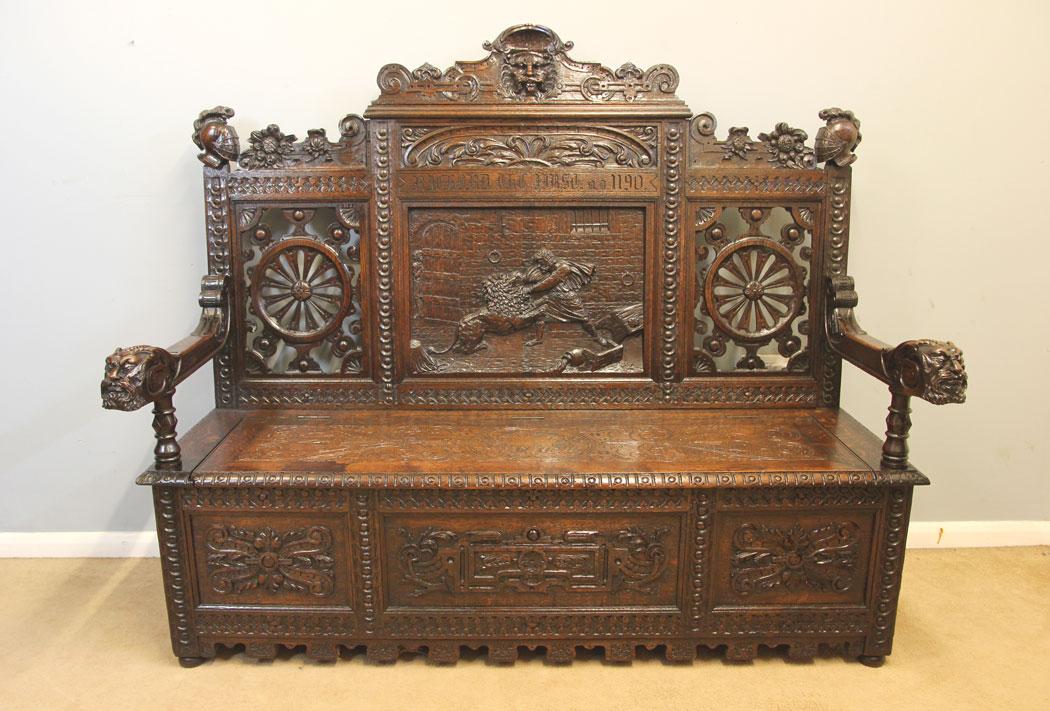 Victorian Carved Oak Settle / Monks Bench / Hall Seat (1 of 19)