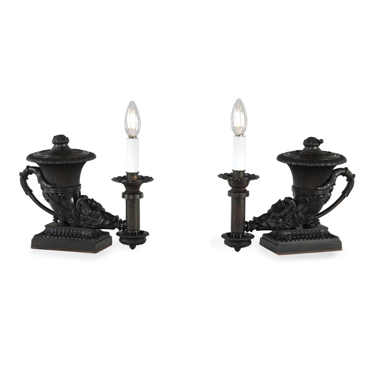 Interesting Pair of William IV Period Bronze Colza Rhyton Lamps Attributed to Thomas Messenger and Now Electrified c.1835 (1 of 14) Interesting Pair of William IV Period Bronze Colza Rhyton Lamps Attributed to Thomas Messenger and Now Electrified c.1835 (1 of 14)
