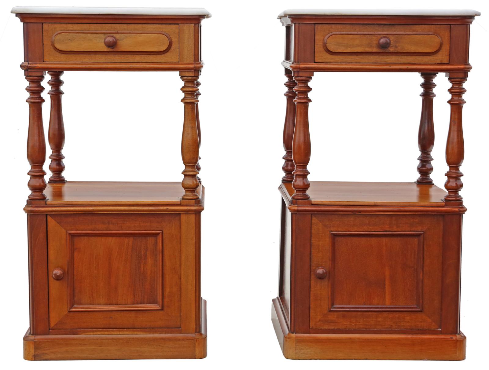 Antique Fine Quality Pair of French Walnut Bedside Tables Cupboards Marble Tops C1920 (1 of 4)