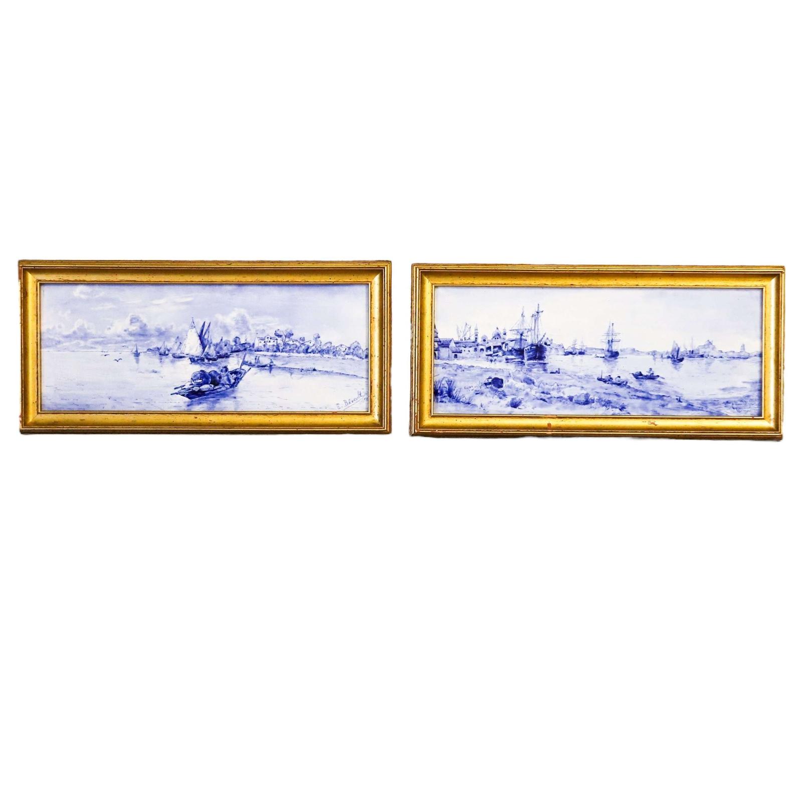 Pair Of Delft Blue & White Framed Tiles Signed E Bloeult circa 1900 (1 of 7)