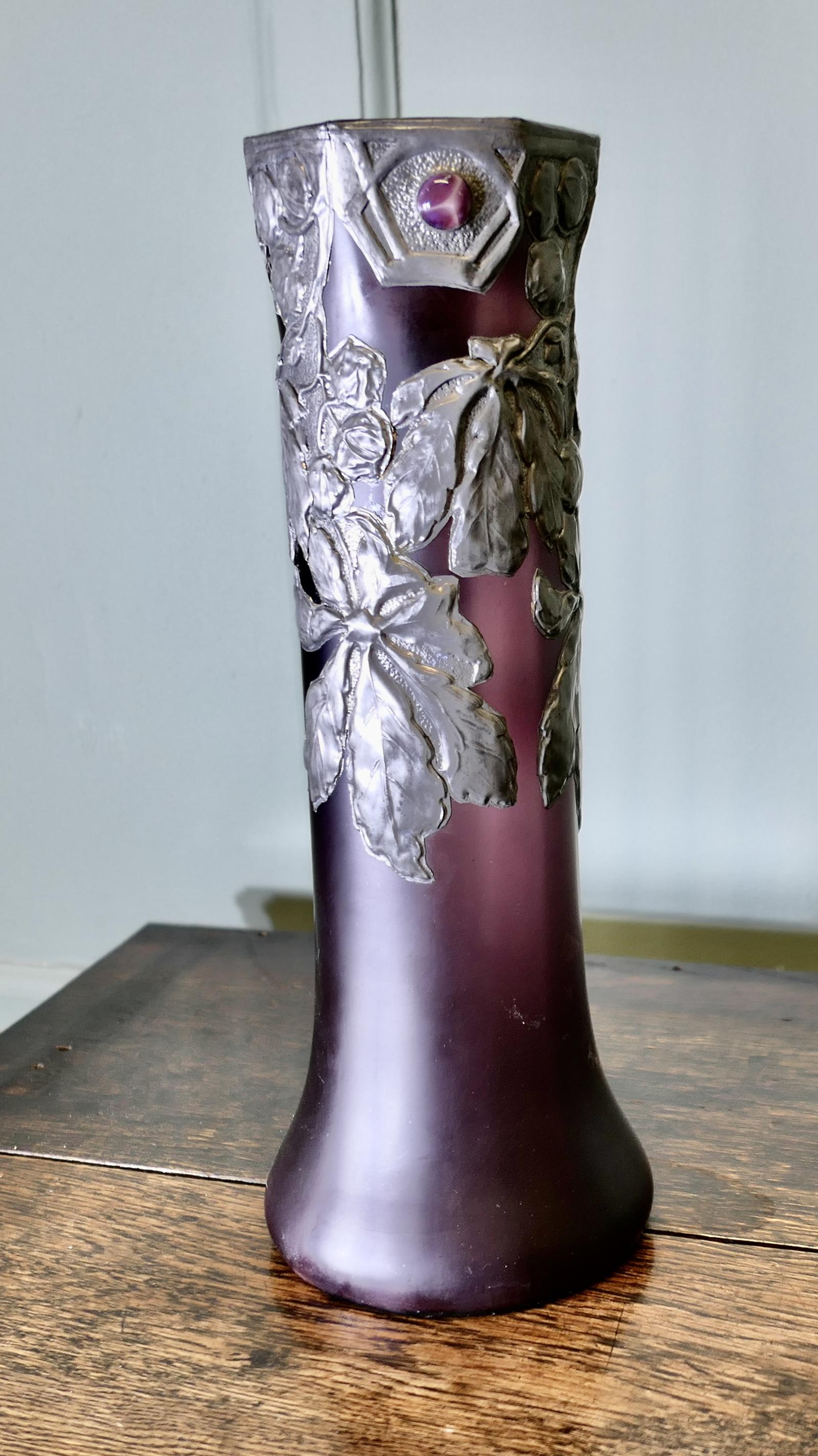 French Art Nouveau Amethyst Vase with Pewter Overlay (1 of 6)