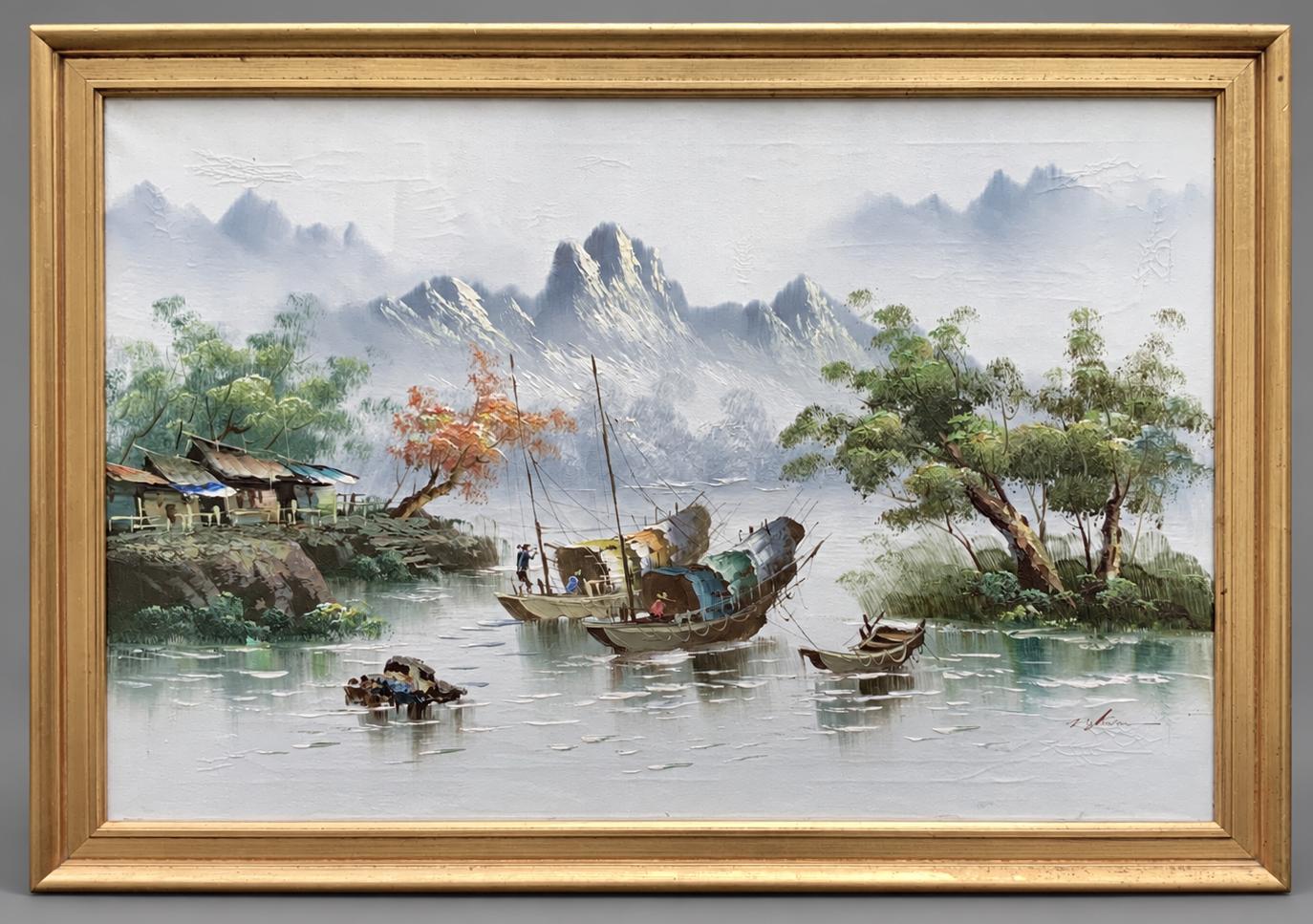 Large Vintage Oriental River Landscape Oil & Impasto Painting – Signed (1 of 10) Large Vintage Oriental River Landscape Oil & Impasto Painting – Signed (1 of 10)