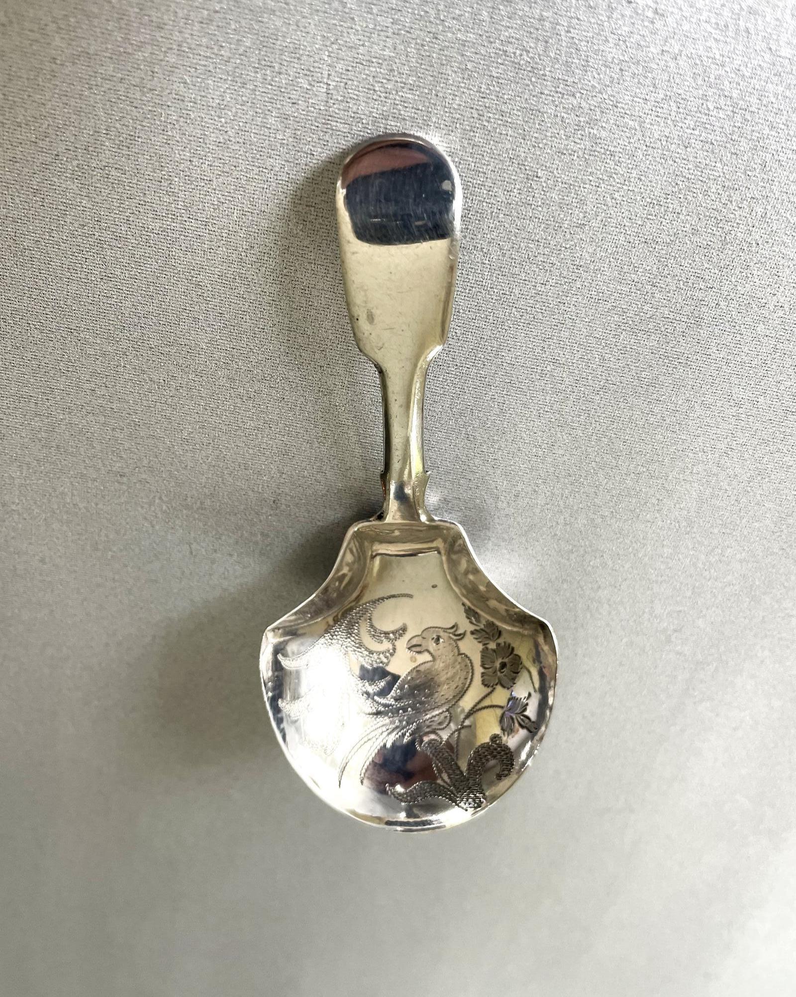 An Unusual Georgian Silver Bird Engraved Caddy Spoon (1 of 6)