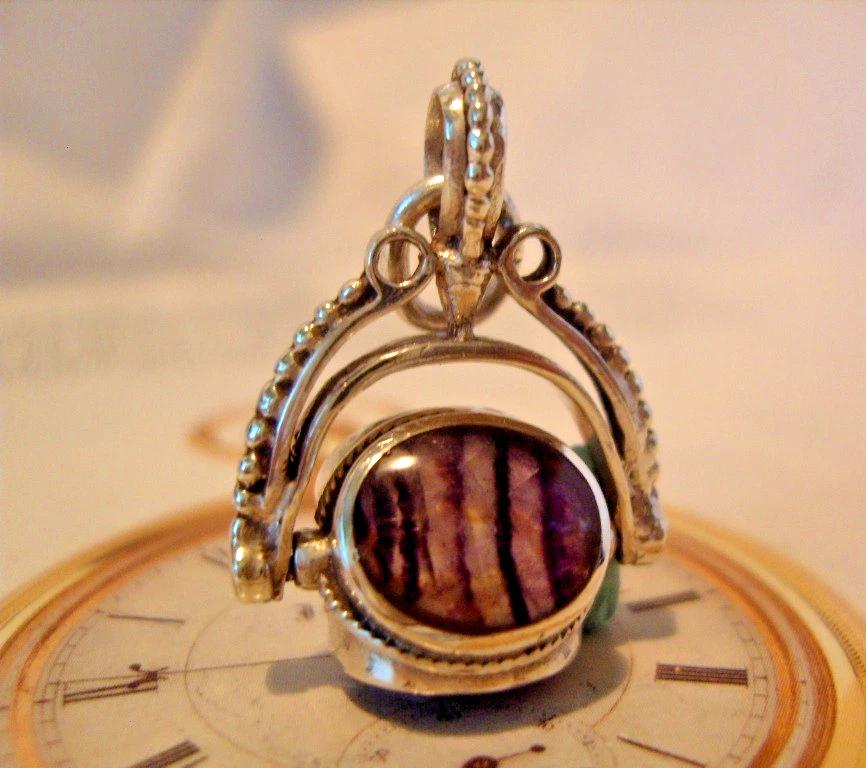 Pocket Watch Chain Fob Swivel 1970s Blue John Stone Victorian Style (1 of 10)