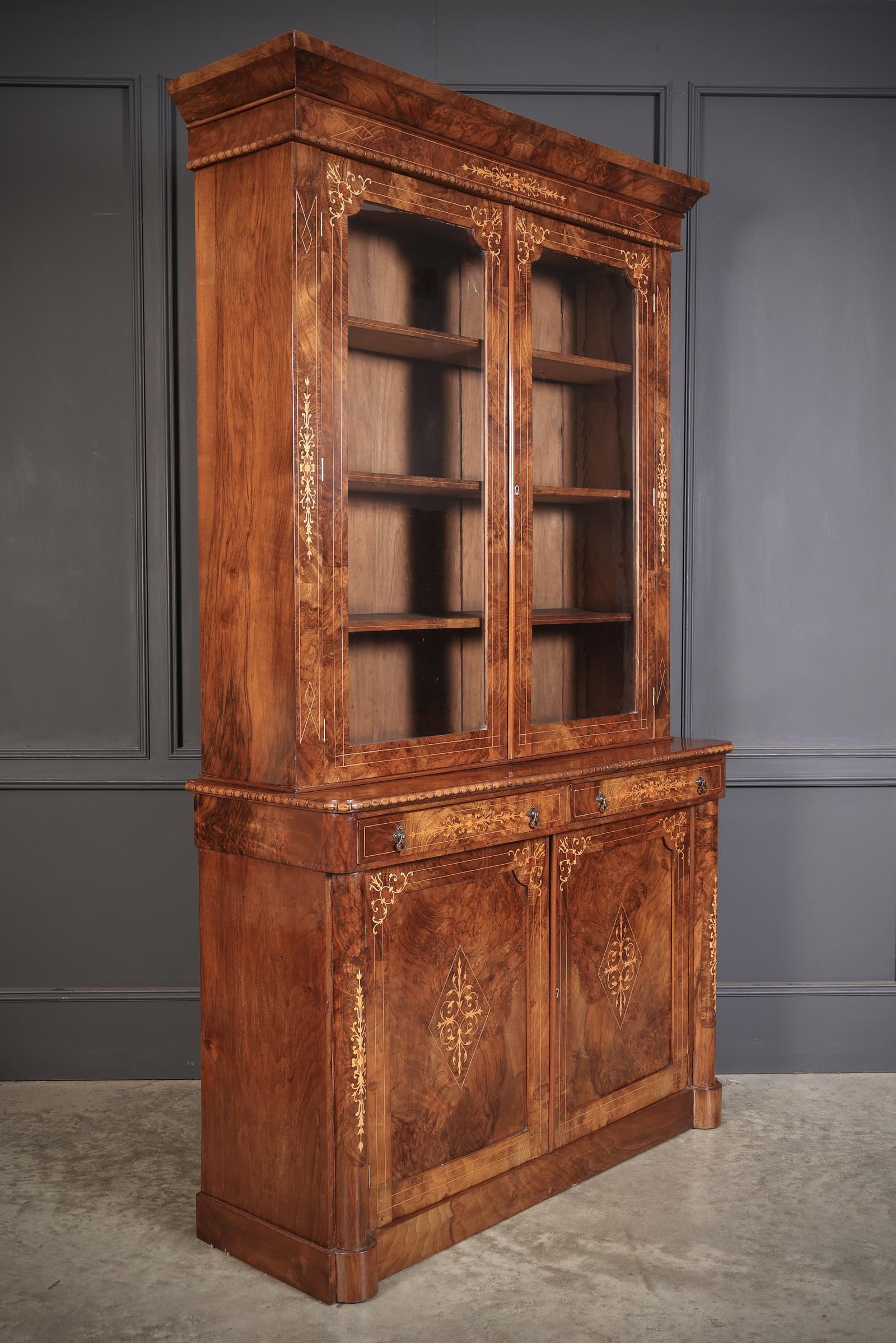 Marquetry Inlaid Figured Walnut Glazed Bookcase (1 of 8)