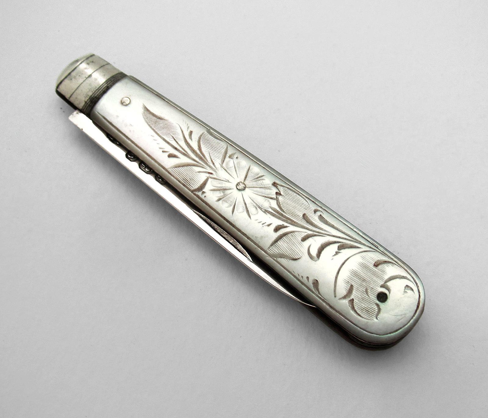 Antique Victorian Small Sterling Silver Mother of Pearl Fruit Knife, Flower & Leaf Engravings, Sheffield 1898 (1 of 6)