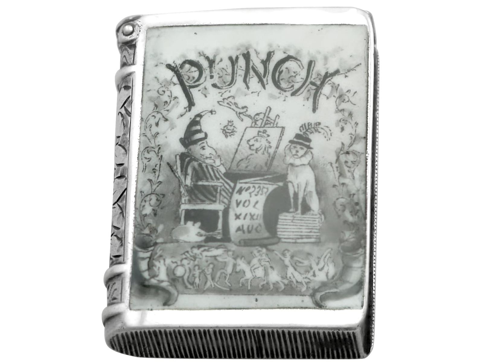 Antique Victorian Sterling Silver and Enamel Punch and Judy Book Vesta Case (1886) (1 of 12)