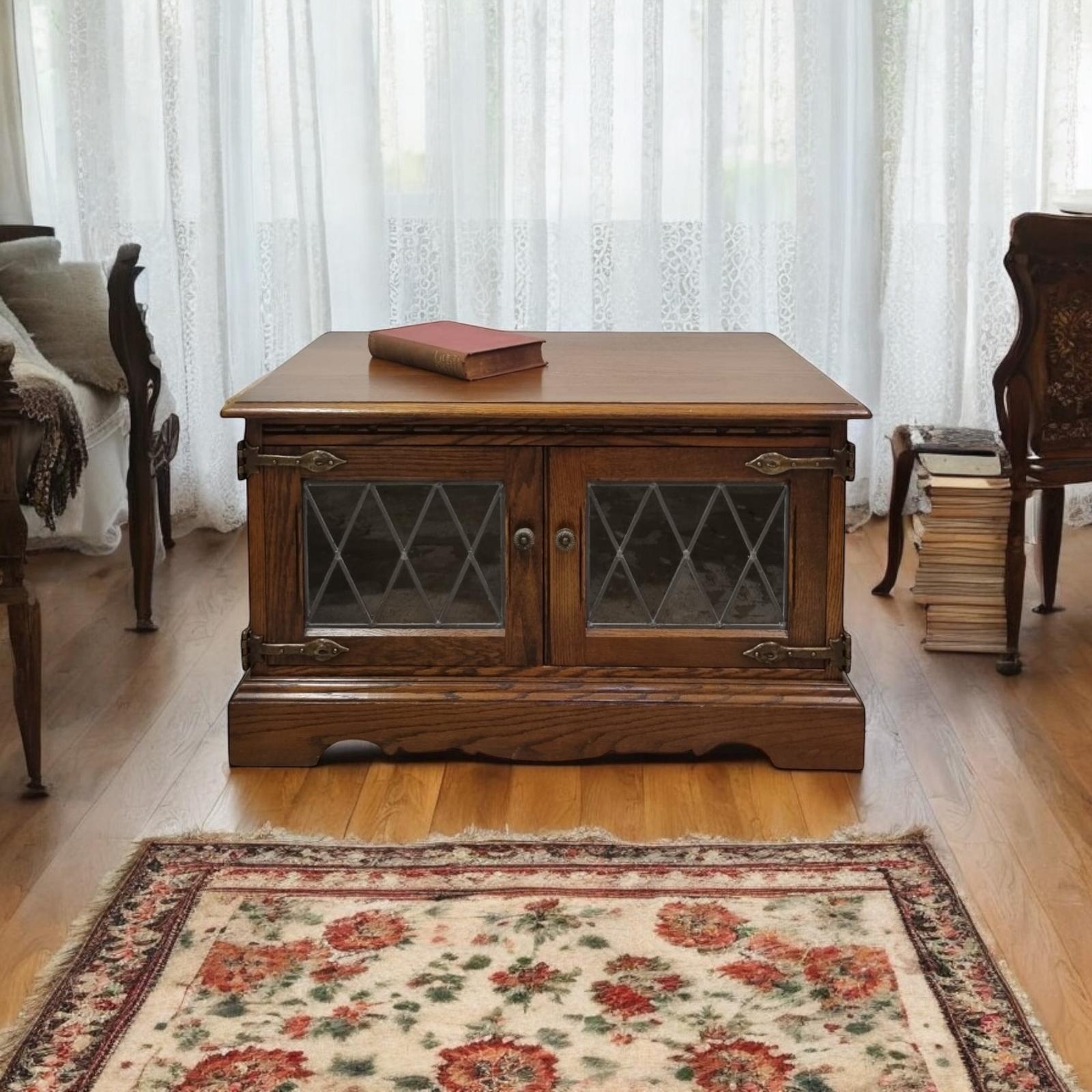 Vintage Old Charm Wood Brothers / Oak Leaded Glass TV Stand / Tudor Brown Finish (1 of 10)