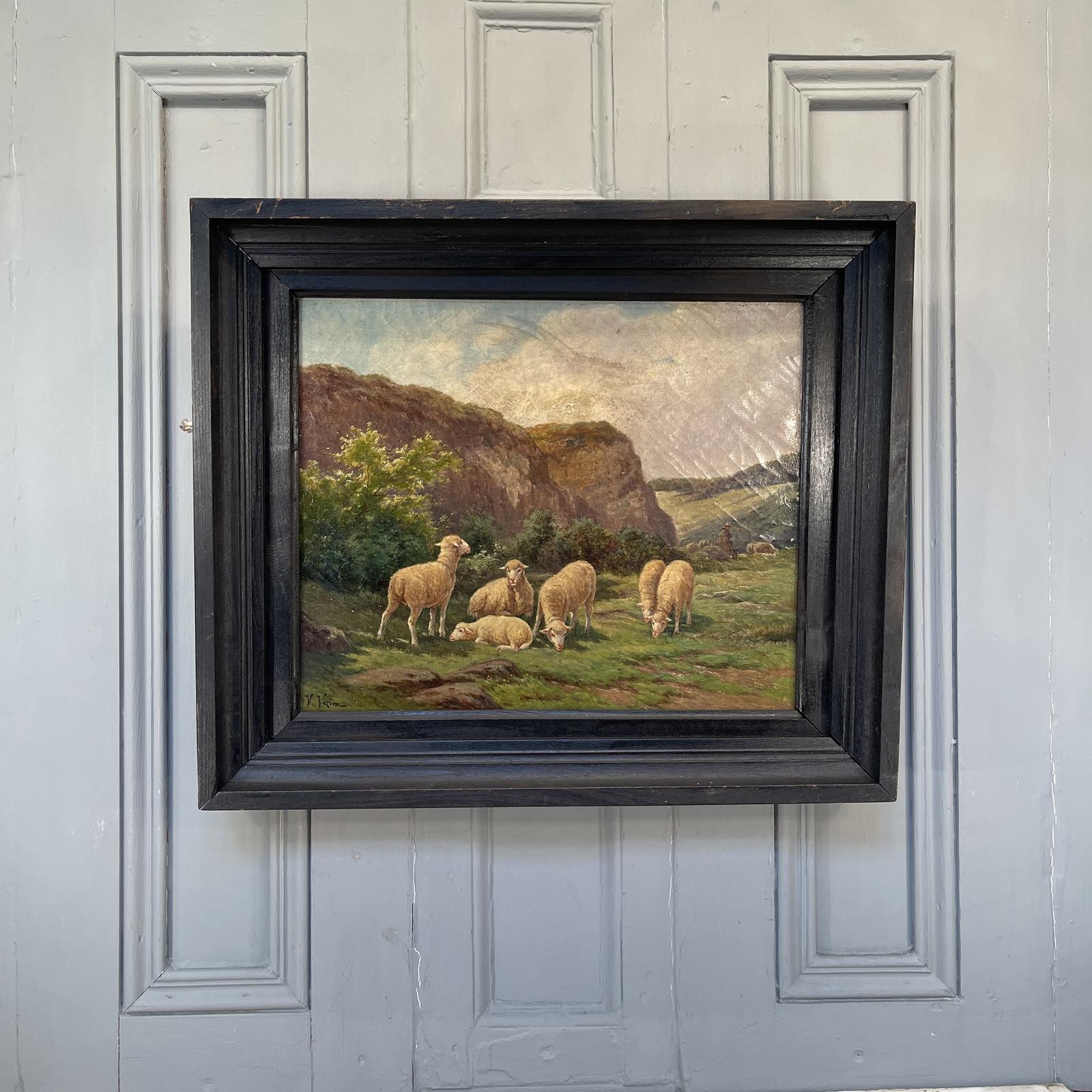 Antique French Landscape Oil Painting Study of Sheep Signed V Veziere (1 of 10)