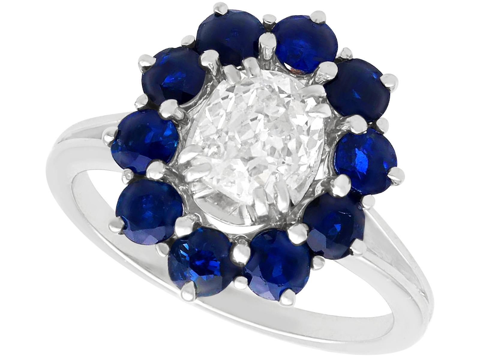 0.95ct Sapphire & Diamond, 18ct White Gold Cluster Ring - Vintage c.1960 (1 of 11)