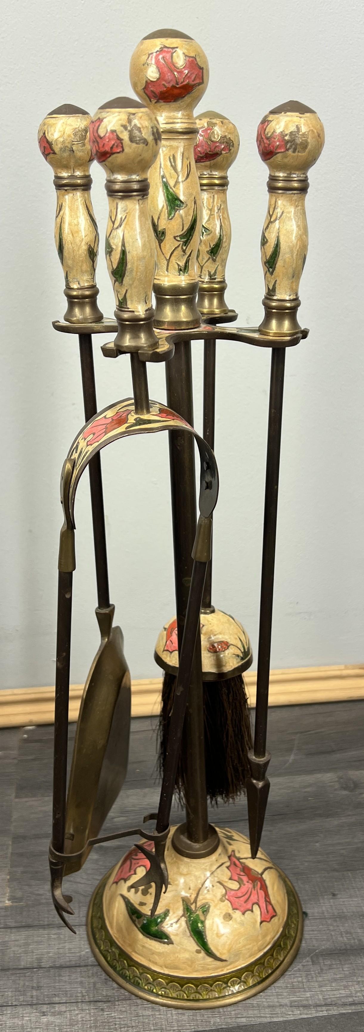 Fireplace Set Vintage French Hand Painted 5-piece Brass Tool Stand (1 of 22) Fireplace Set Vintage French Hand Painted 5-piece Brass Tool Stand (1 of 22)