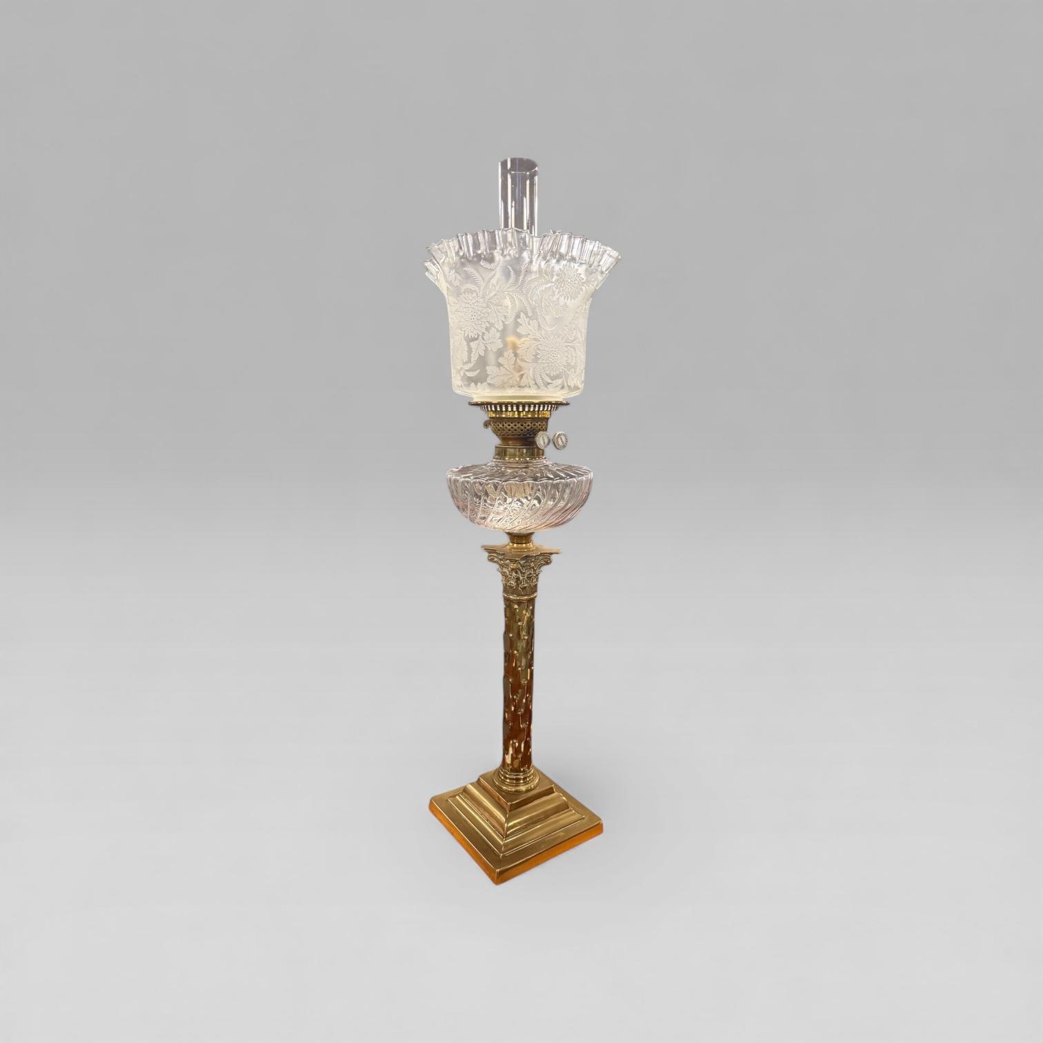 Antique Victorian Duplex Etched Glass Tulip Shade Oil Lamp with Brass Column (1 of 15) Antique Victorian Duplex Etched Glass Tulip Shade Oil Lamp with Brass Column (1 of 15)